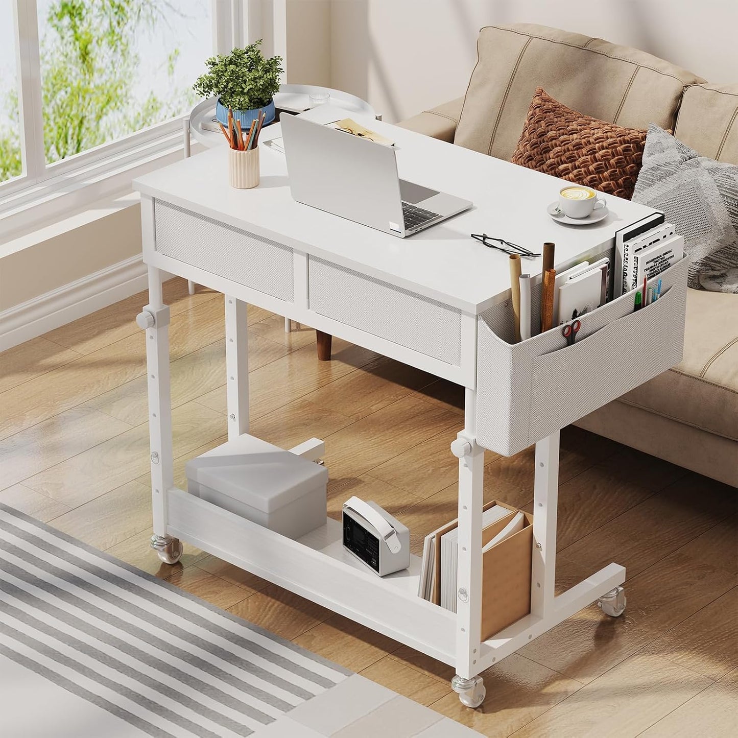 Small White Portable Rolling Desk - 32 Inch Adjustable Mobile Standing Teacher Desks with 2 Fabric Drawers on Wheels, Couch Sofa Side Laptop Table with Storage for Bedroom Home Office, White