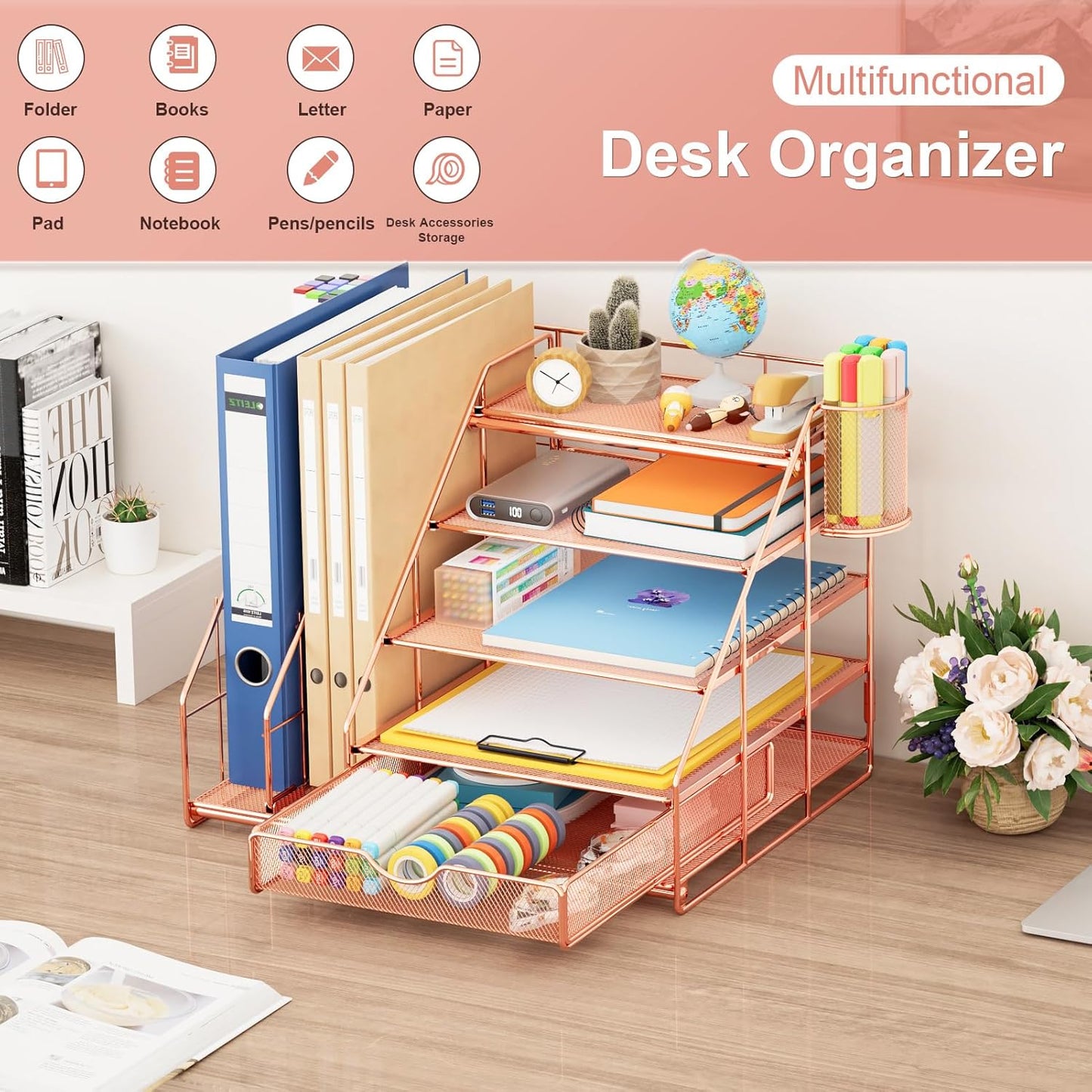 Marbrasse Desk Organizer with File Holder, 5-Tier Desk Organizers and Accessories with Drawer and 2 Pen Holder, Mesh Paper Letter Tray, Desktop Organizer and Storage for Office Supplies (Rose Gold)