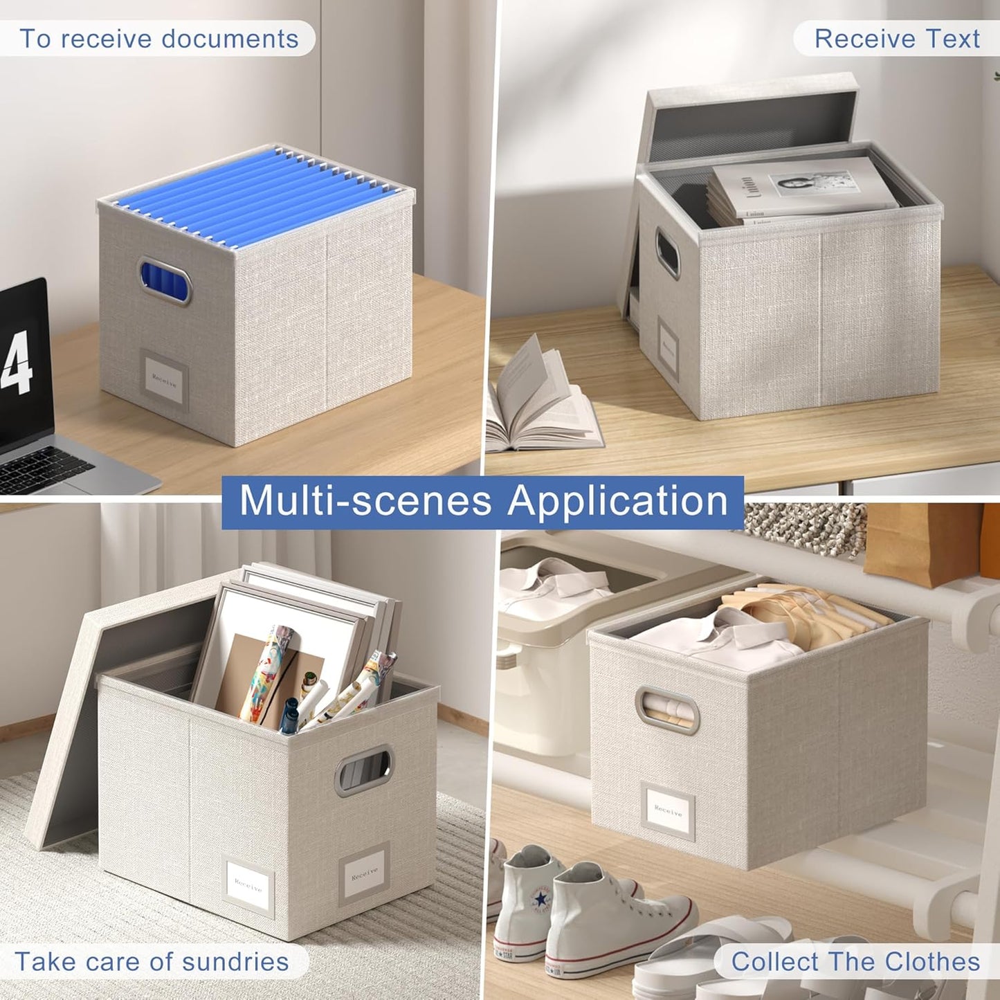 File Organizer Box - File Boxes for Hanging Files with Lid Set of 2 Decorative Hanging Folders Organizer Letter Size with One-Piece Plastic Frame Slides (Light Grey, 13.2*10.1*10.1in(2Pack))