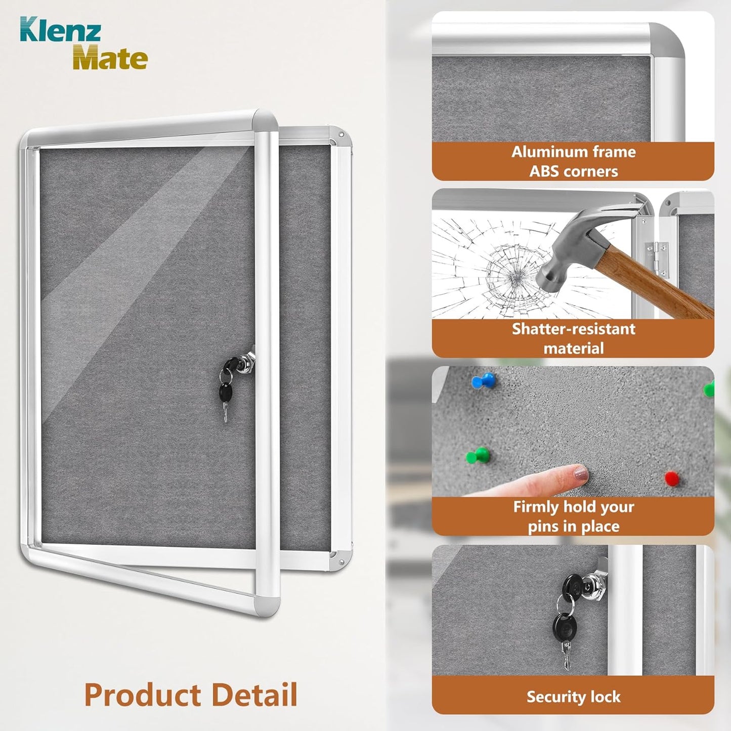 24"x18" Enclosed Bulletin Board Tamper-Proof Dispaly Case,Grey Fabric&Aluminium Frame,Shatter Resistant Lockable Bulletin Board with Clear Acrylic Door for School,Office,Mall,Community,Hospital,Church