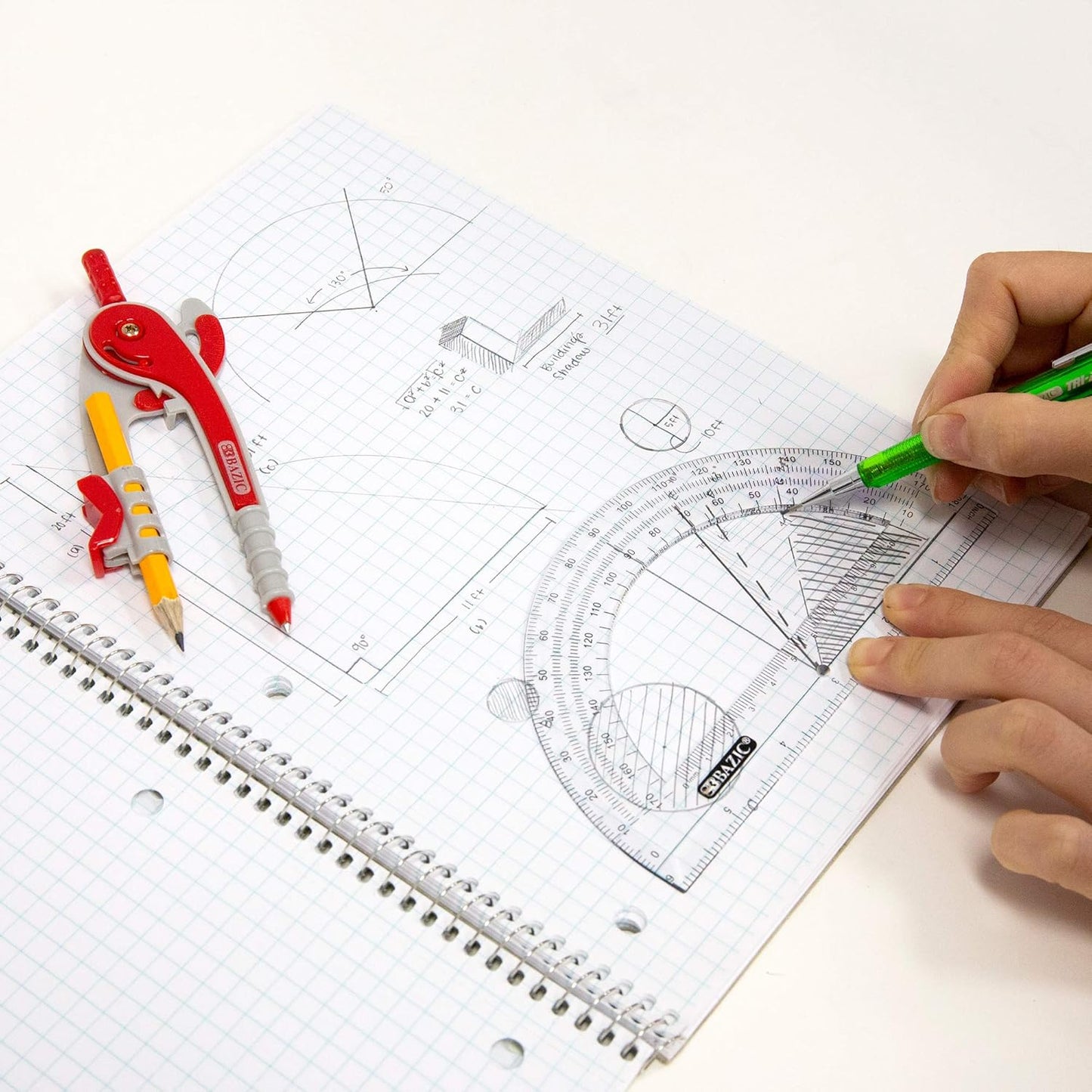 BAZIC Geometry Math Compass Set w/Scale-Arm, 6" Protractor, & HB Wood Pencil, Inch Centimeter, Mathematical Drafting Drawing Tool for Student, 4-Pack