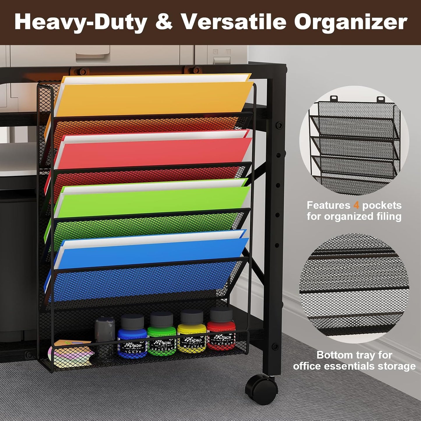 EasyCom 24"x20" Large Printer Stand with Hanging File Holder Organizer, Adjustable Height Shelf with Wheels, Under Desk Table with Storage for Printer Scanner Fax Home Office Use Black