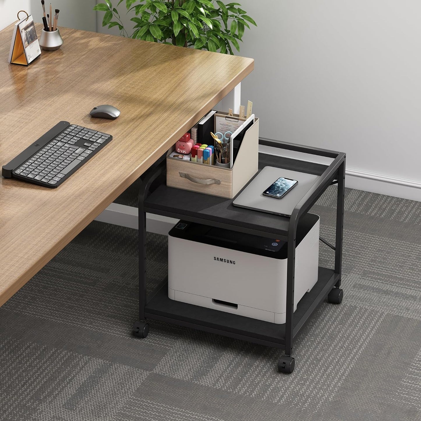 2 Tier Under Desk Printer Stand with Storage, 20 Inches Deep Large Printer Table with Height Adjustable Shelf, Rolling Printer Cart with Wheels for Home Office - Black