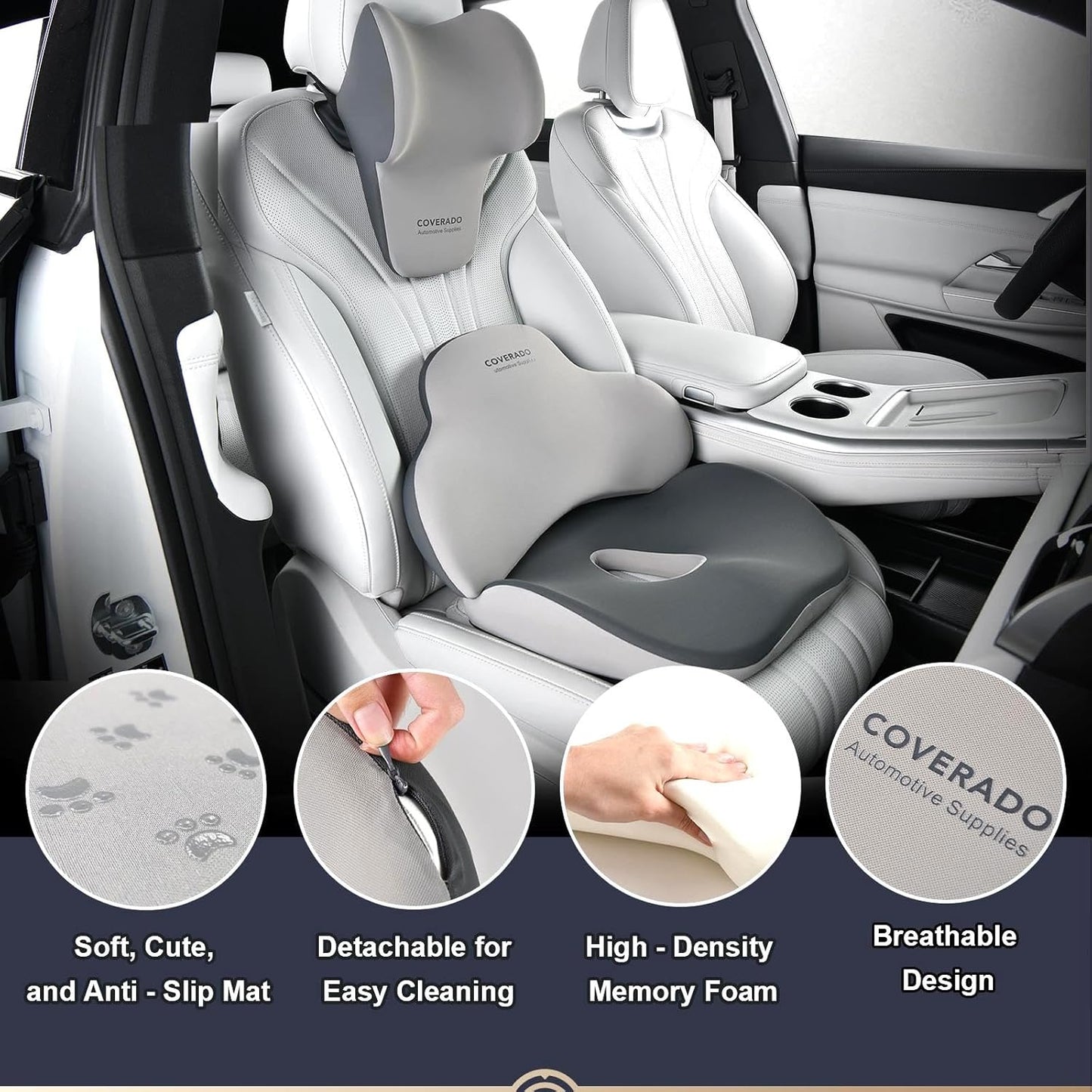 Coverado Seat Cushion and Lumbar Support Headrest Pillow for Car Office Chair, Ergonomic Memory Foam Chair Cushion Back Neck Support Pillow, Sciatica & Back & Tailbone Pain Relief Cushion-Bgray