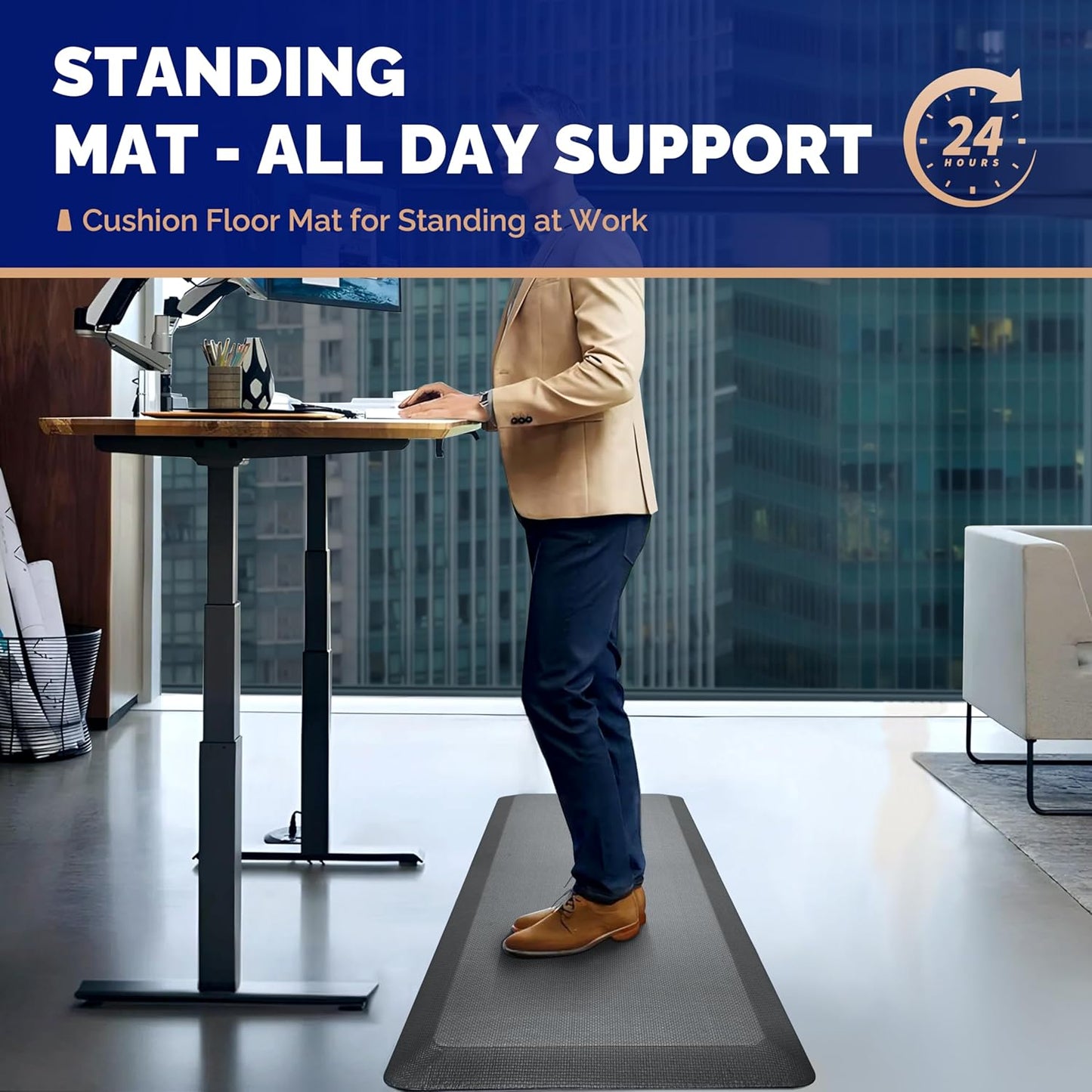 FEATOL Anti Fatigue Mat Floor Mat, Extra Thick Standing Office Desk Mat Memory Foam Cushioned Anti Fatigue Ergonomic Kitchen Mats Comfort Standing Pad NOT PVC 9/10 Inch Thick (Grey, 20x59x9/10-Inch)