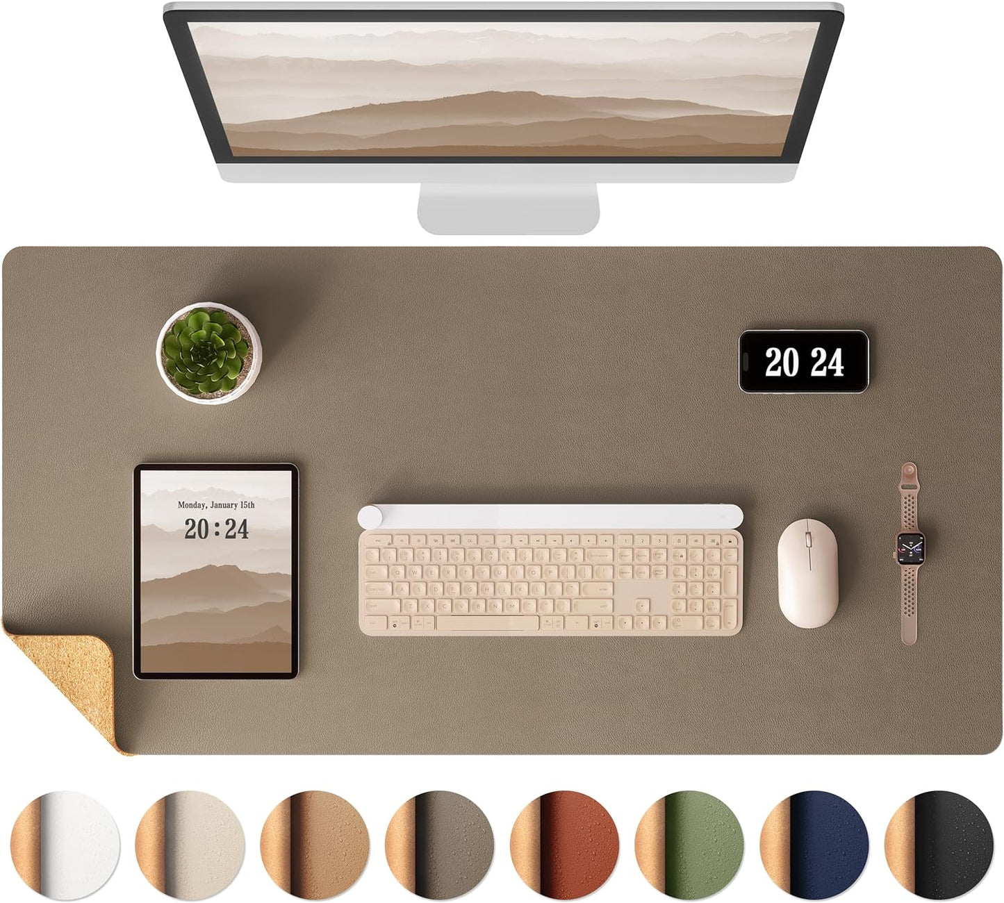 Aothia Dual-Sided Desk Mat - Leather & Cork Desk Protector, Large Mouse Pad & Writing Pad for Office/Home, Coffee (25.6"x13.7")