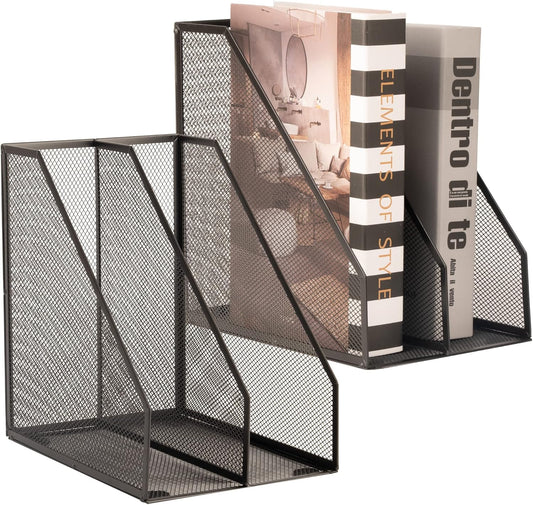 2 Set Magazine Holder Metal Wire, 2 Compartments Mesh File Holder for Desk, Office Desk Accessories Decorative File Box, Black