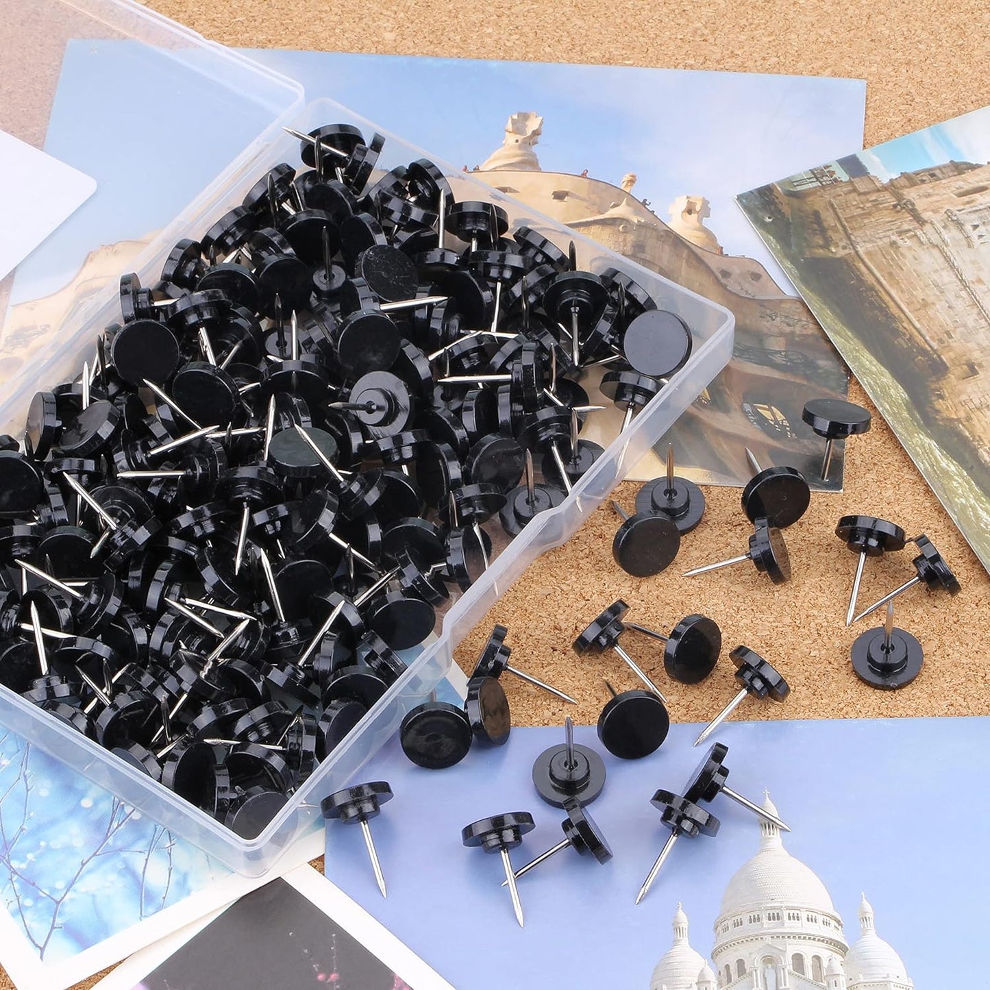 Push Pins 400-count Flat Black Thumb Tacks Steel Point and Plastic Head for Corkboard and Wooden Photo Wall