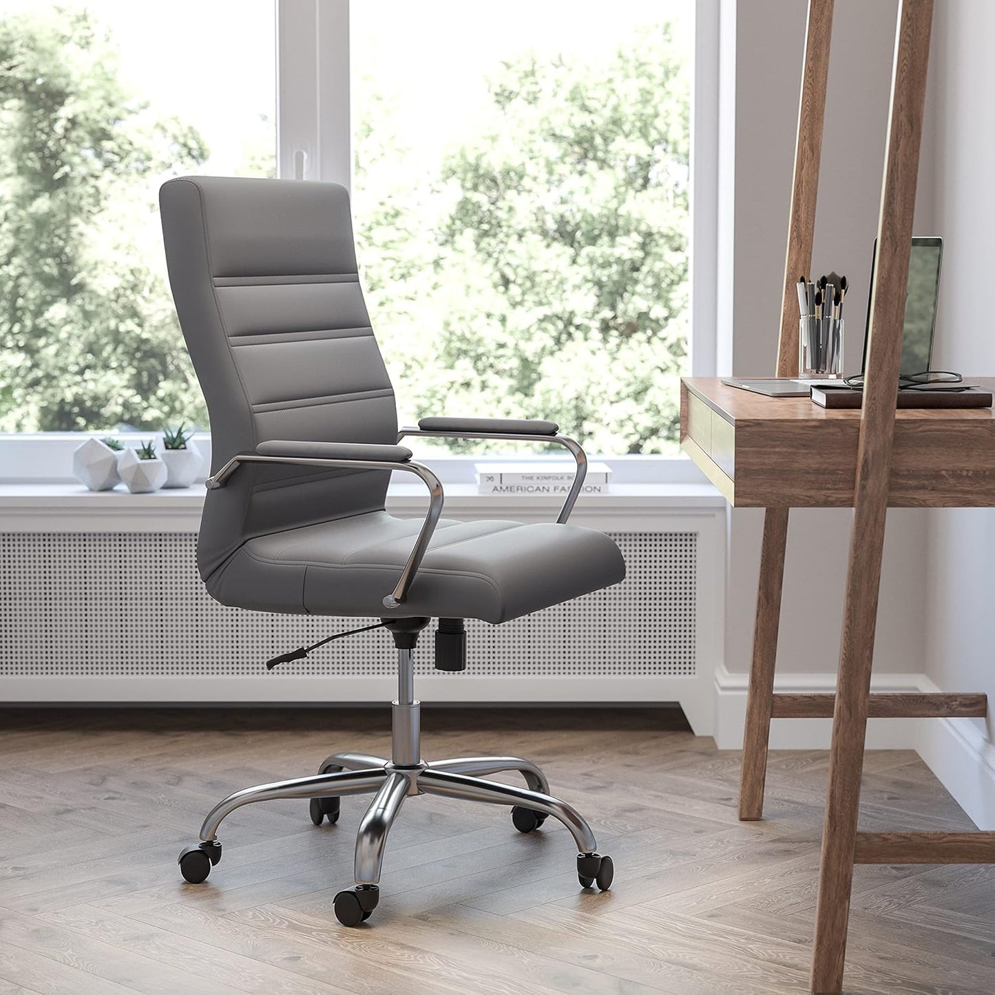 Flash Furniture Whitney High-Back Swivel LeatherSoft Desk Chair with Padded Seat and Armrests, Adjustable Height Padded Office Chair, Gray/Chrome