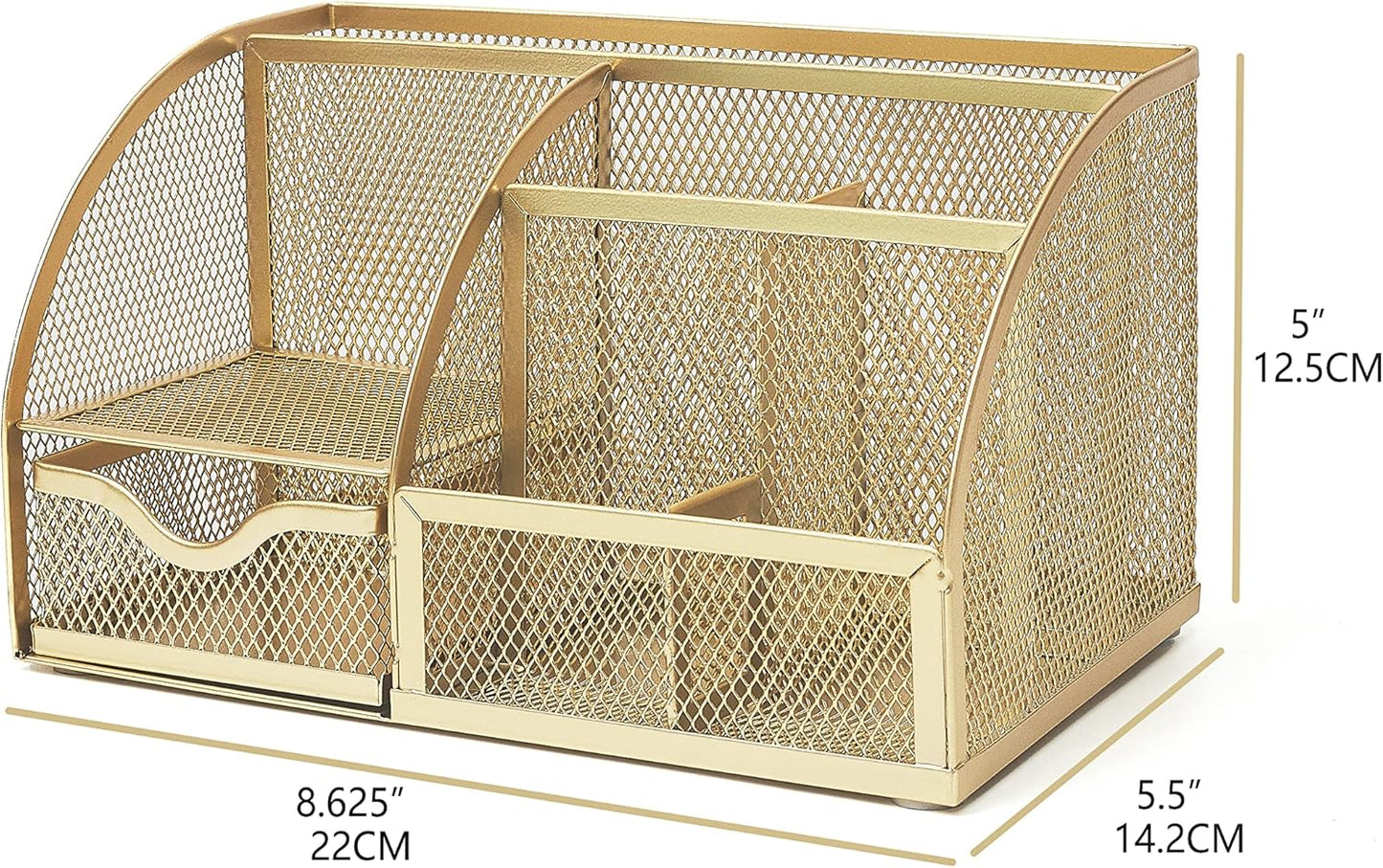Annova Mesh Desk Organizer Office with 7 Compartments + Drawer/Desk Tidy Candy/Pen Holder/Multifunctional Organizer (Gold)