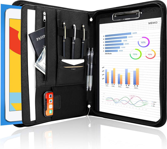 ProCase Portfolio Business Padfolio Folder with Zipper, Conference Meeting Executive File Legal Document Organizer with Pockets Letter Size A4 Writing Pad Notepad Padfolio -Black