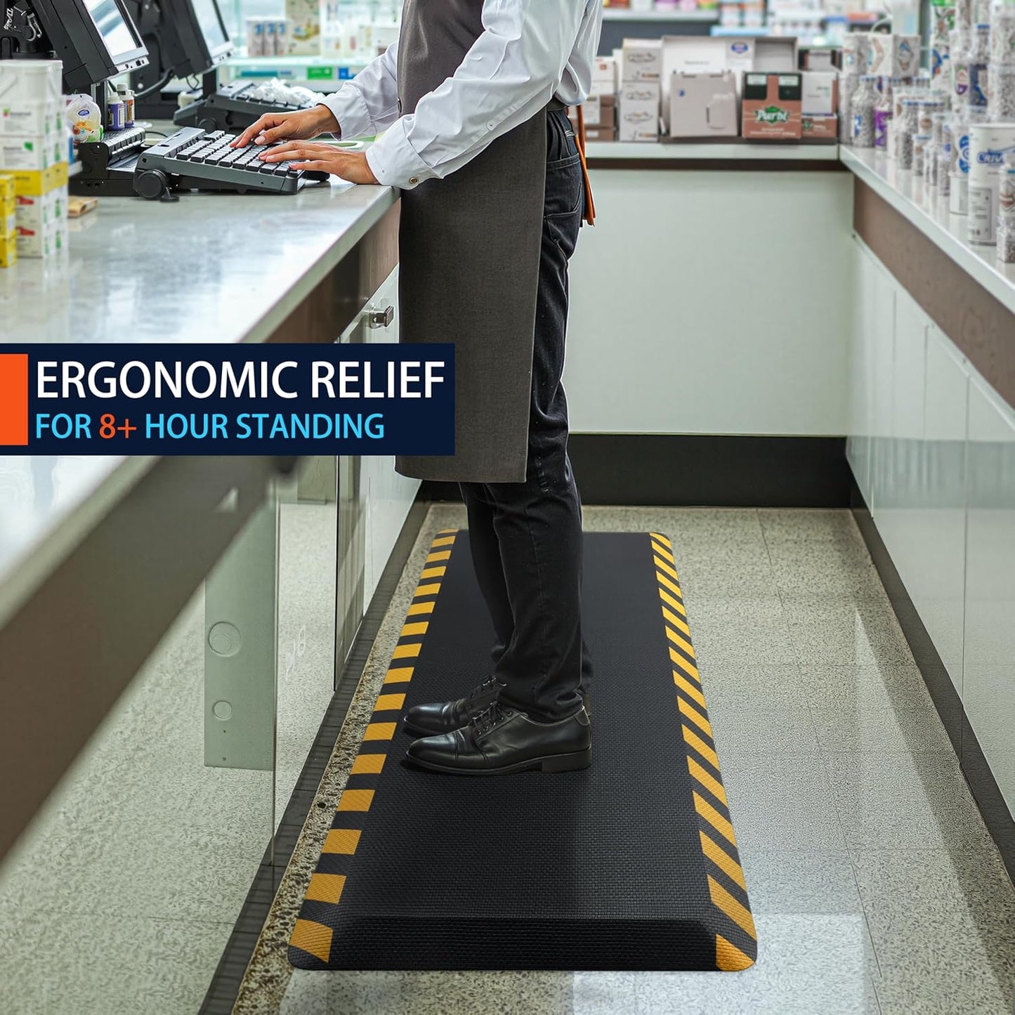 FEATOL Anti Fatigue Mat Industrial, Ergonomic Standing Floor Mat for Work for Stand, Black with Yellow Border Safety 20" x 32"-Support for Leg & Back Pain