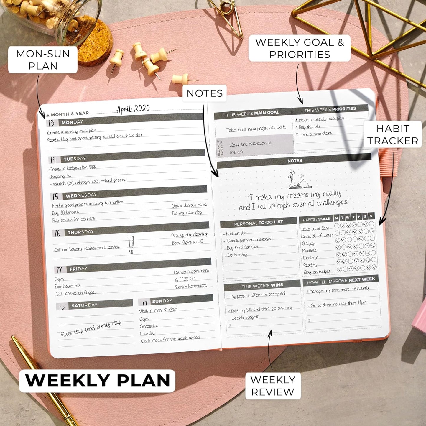 Clever Fox Planner – Undated Weekly & Monthly Planner for Productivity, Time Management & Goals – Organizer Journal – A5 (Peach Pink)