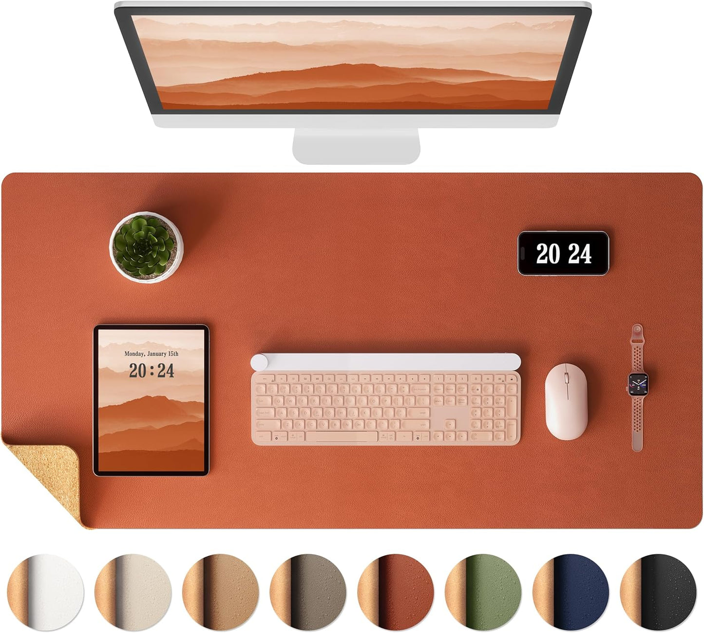 Aothia Dual-Sided Desk Mat - Leather & Cork Desk Protector, Large Mouse Pad & Writing Pad for Office/Home, Maple Brown (37.8"x17")