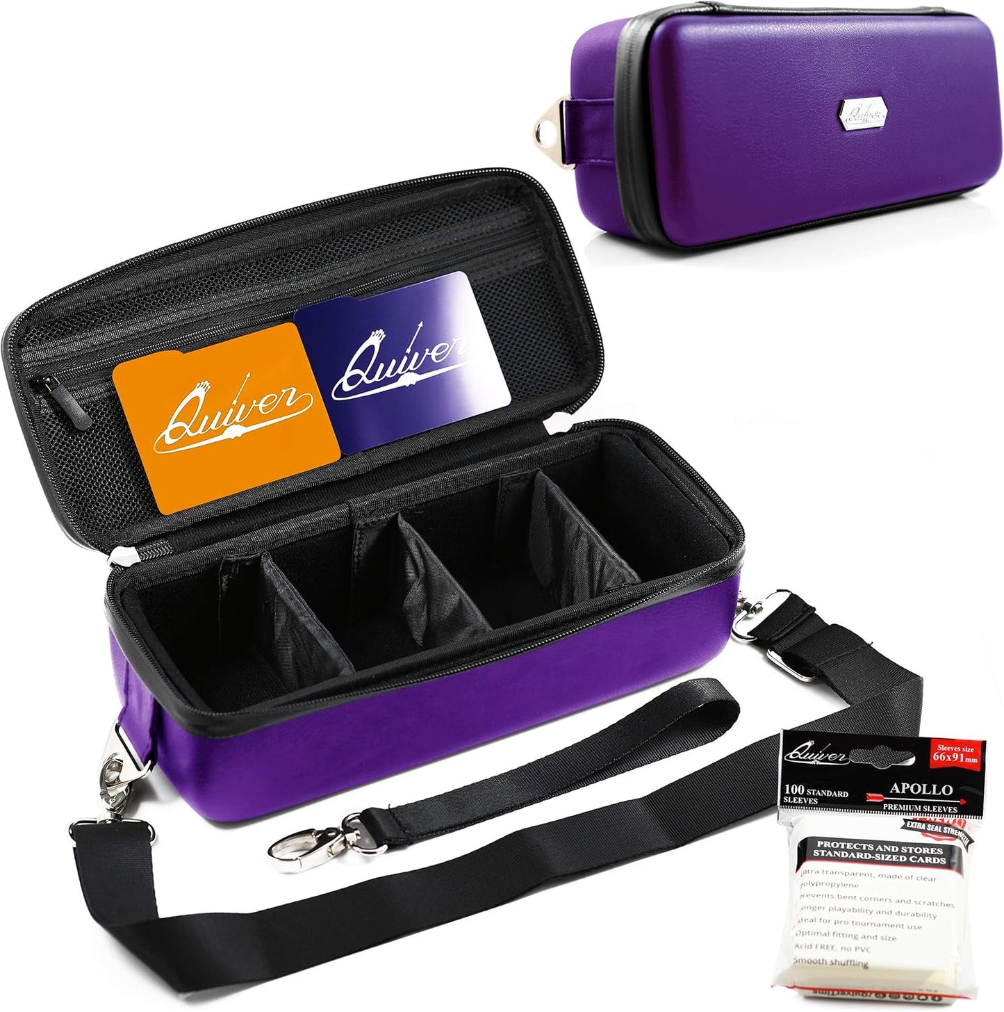 Quiver Time Purple Bolt Card Carrying Case fits Pokemon Cards and other TCG Games - Storage Bag for Playing/Trading Cards and Deck Box (Straps, Dividers & 100 Apollo Card Sleeves)