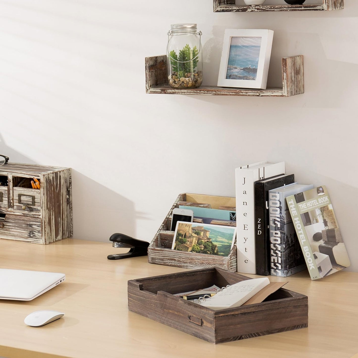 MyGift® Distressed Brown Vintage Wood Paper Tray, Office Desktop Document, File Folder, Magazine Holder Tray
