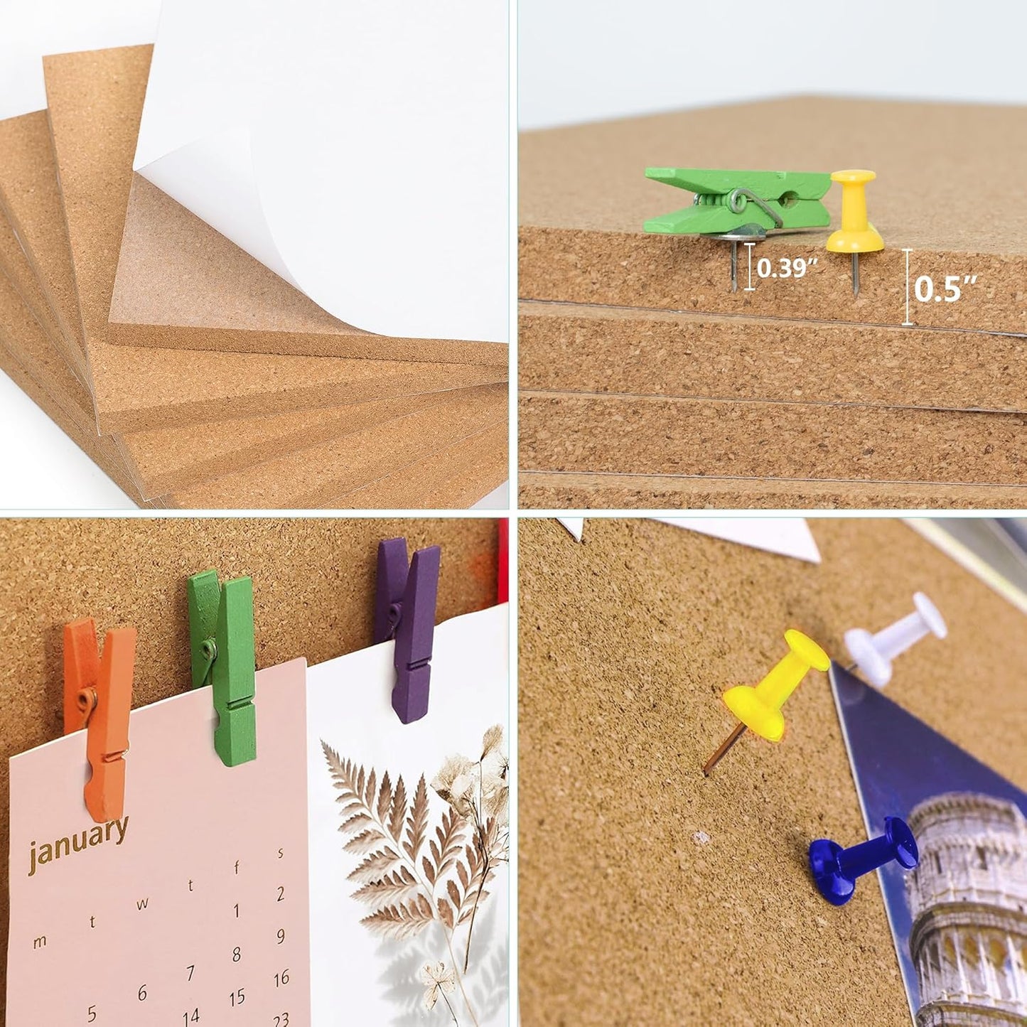 AKTOP Cork Board Bulletin Board 17"x8", 1/2" Thick Cork Board Tiles 6 Pack, Small Pin Board for Wall Decor, Self Adhesive Corkboards with 60 Push Pin Wood Clips for School, Home & Office