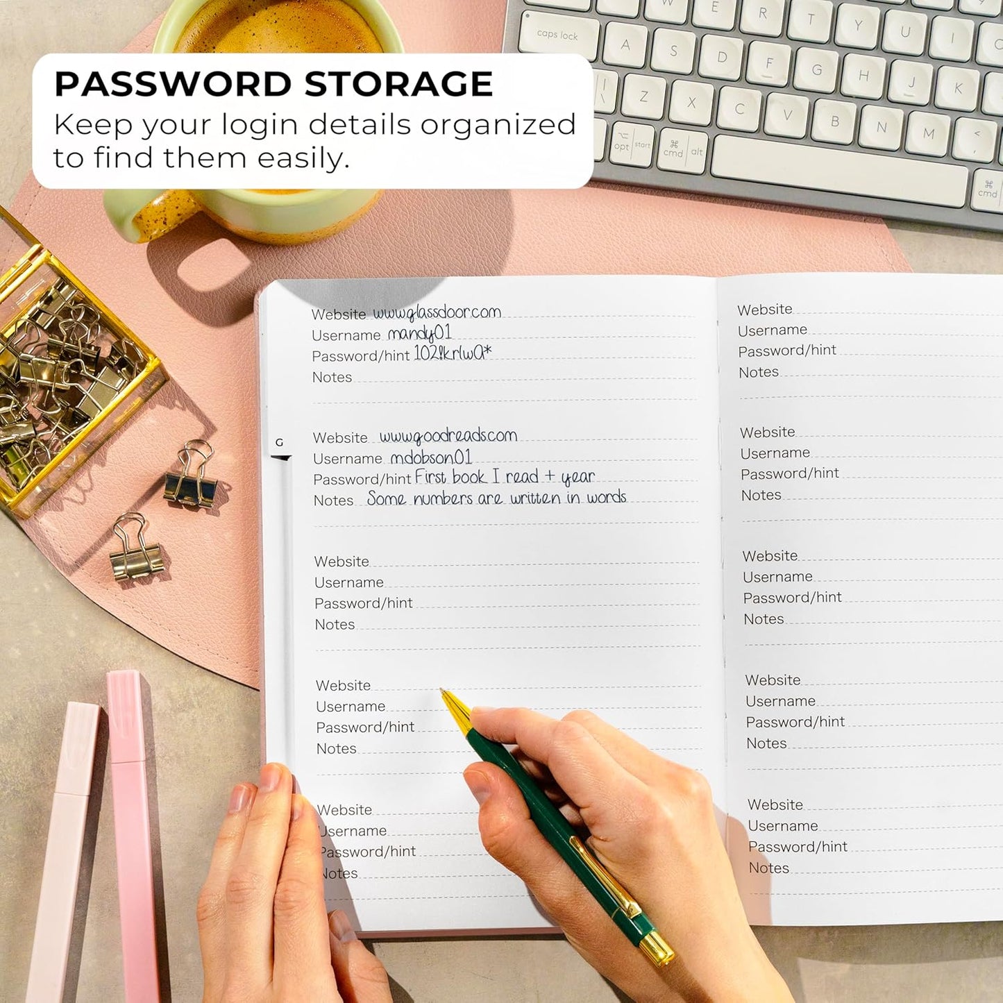 Clever Fox Password Book with alphabetical tabs. Internet Address Organizer Logbook. Large Password Keeper for Website Logins (Rose Gold)