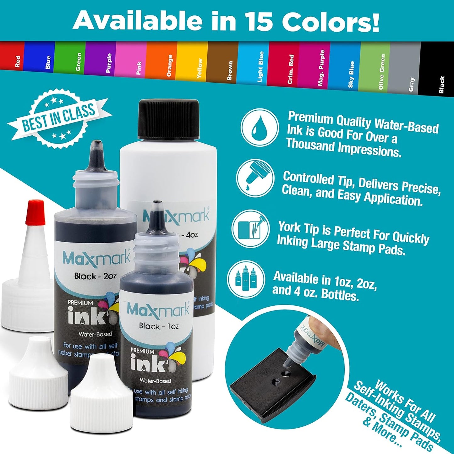 MaxMark Premium Refill Ink for self Inking Stamps and Stamp Pads, Light Blue Color - 1 oz.