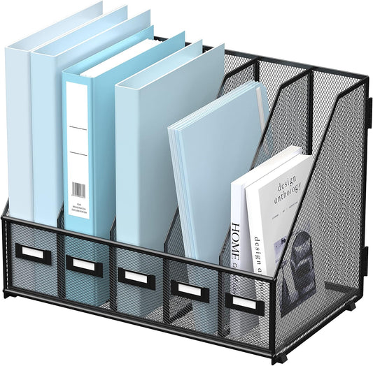 SUPEASY Desk Organizers Metal Desk Magazine File Holder with 5 Vertical Compartments Rack File Organizer for Office Desktop, Home Workspace, Black