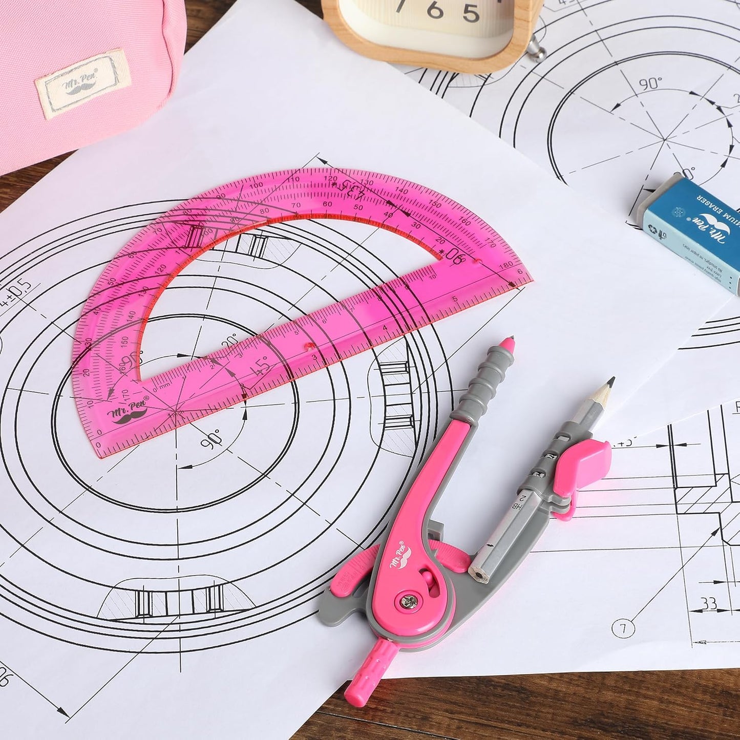 Mr. Pen- Compass and Protractor Set, Vivid Cerise, Compass Geometry Tool, Protractor and Compass Set, Compass Drawing Tool, Drawing Compass, Geometry Compass, Math Compass for Geometry