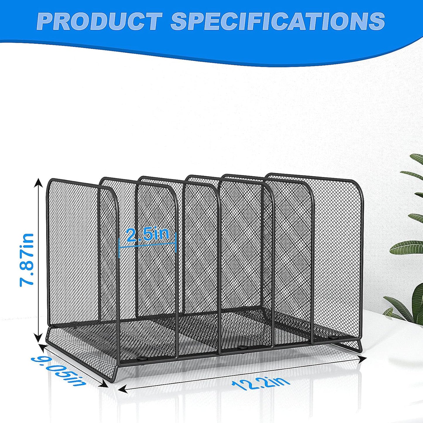 5 Sections Desk File Holder/Rack/Sorter,Mesh File Organizer,File Folder Organizer,Metal Upright Desktop Organization for Documents,Magazine,Kitchenware,Antiskid,Antirust,Sturdy,2 Packs