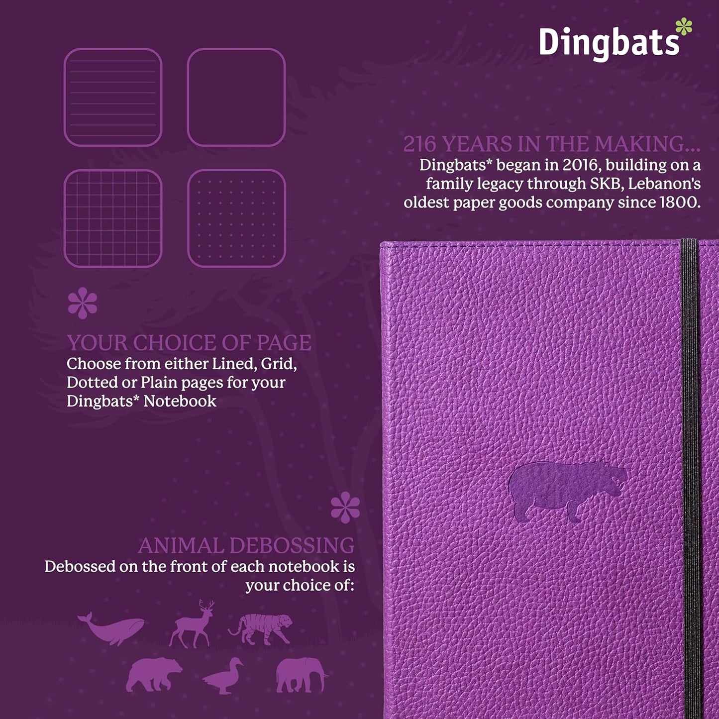 Dingbats* Wildlife Plain Writing Journal Notebook A5 - Vegan Leather Hardcover - Ideal for Work, Travel - Pocket, Elastic Closure, & Bookmark