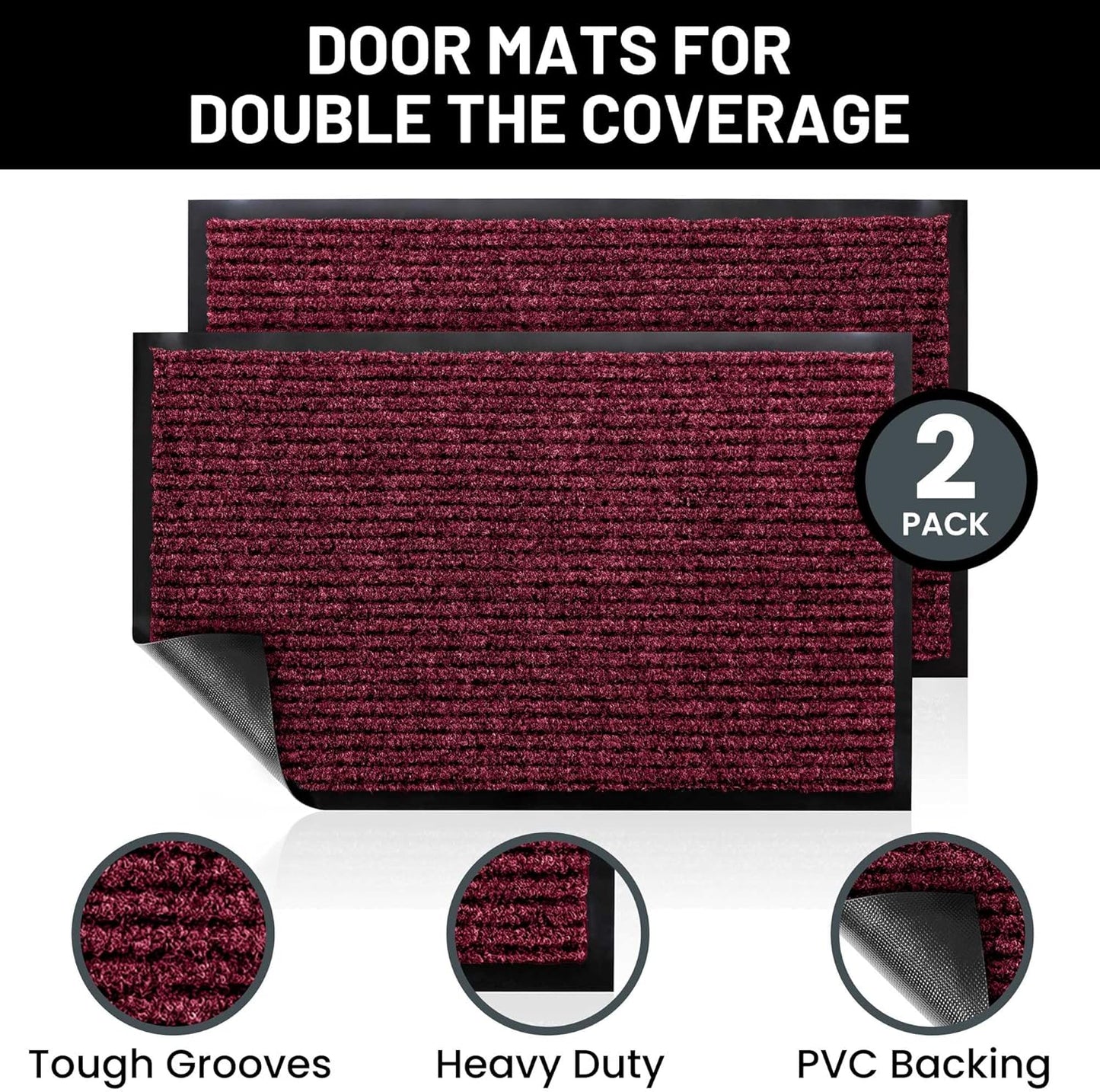 Sierra Concepts Front Door Mat Large Welcome Floor Mats - Entryway Indoor Outdoor Entrance Doormat, Patio, Porch, Muddy Dog Shoe, Inside Outside Low Profile 36x24in, 2-Pack Red