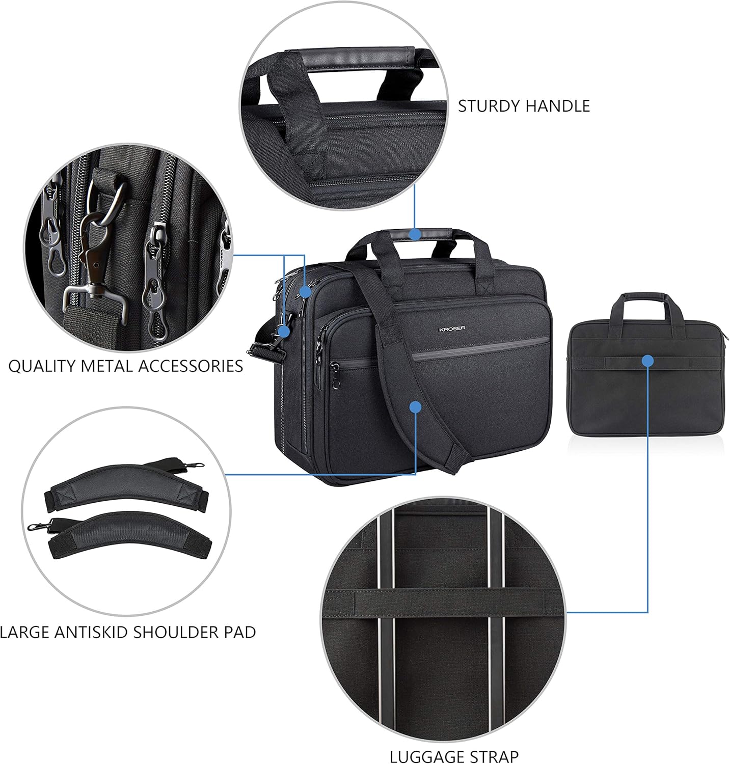 KROSER Laptop Bag Premium Laptop Briefcase Fits Up to 17.3 Inch Laptop Expandable Water-Repellent Shoulder Messenger Bag Computer Bag with RFID Pockets for Travel/Business/Men/Women-Black