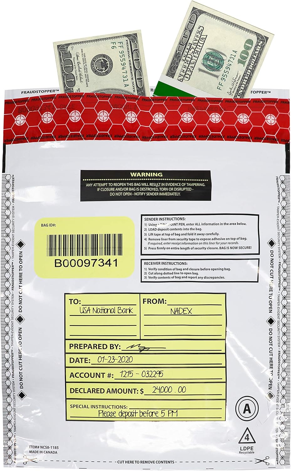 Nadex White Night Drop Tamper Evident Cash and Coin Bank Deposit Bags - 9 x 12, Opaque, 100 Pack