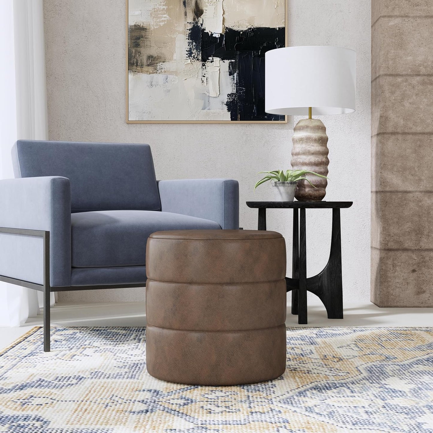 HomePop Upholstered Faux Leather Round Ottoman Home Décor|Foot Rest Ottoman- Brown Faux Leather