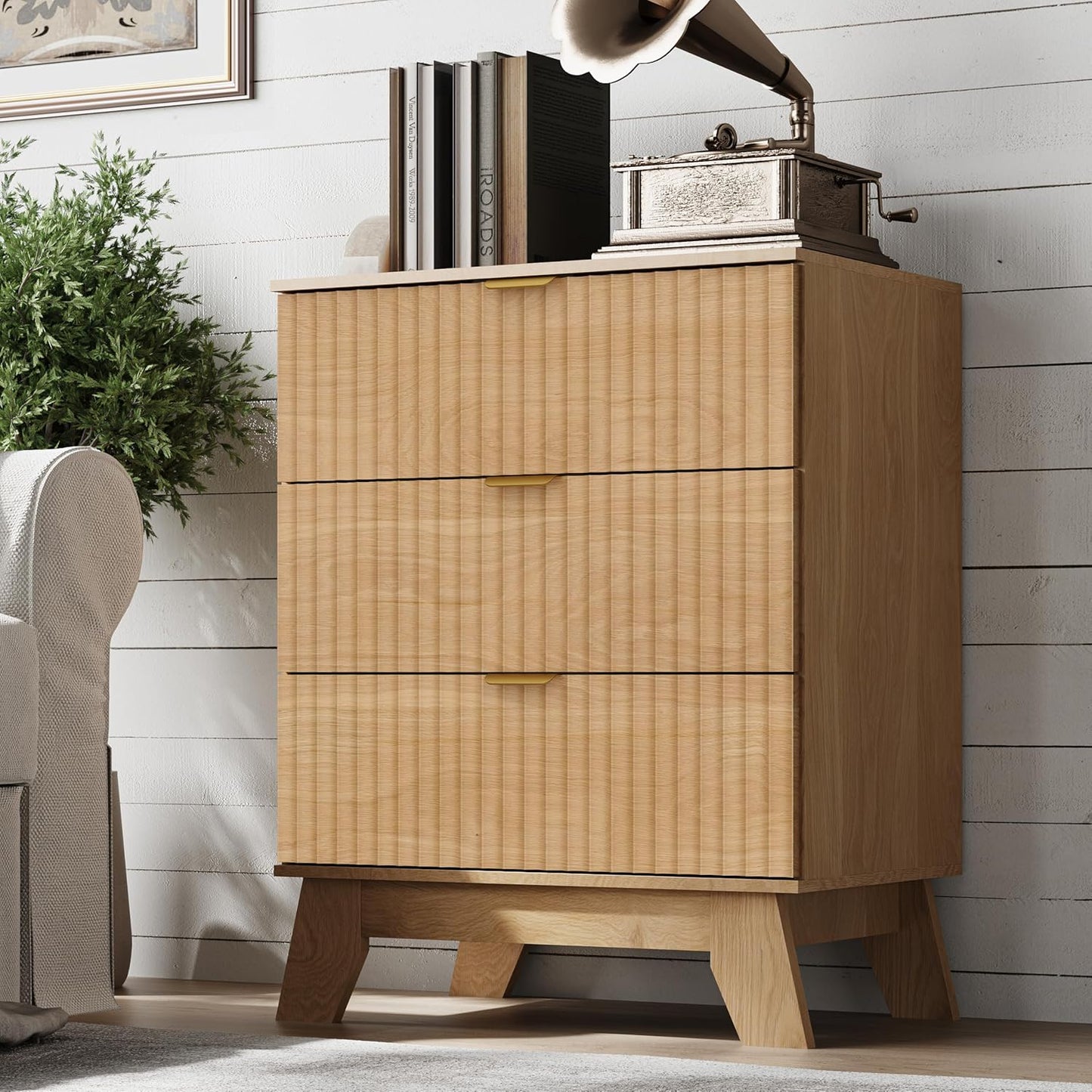 Fluted 3 Drawer Dresser, 30.3" Tall Compact Modern Boho Chest of Drawers, Wooden Storage Cabinet for Bedroom, Living Room, Entryway, Curved Profile Design