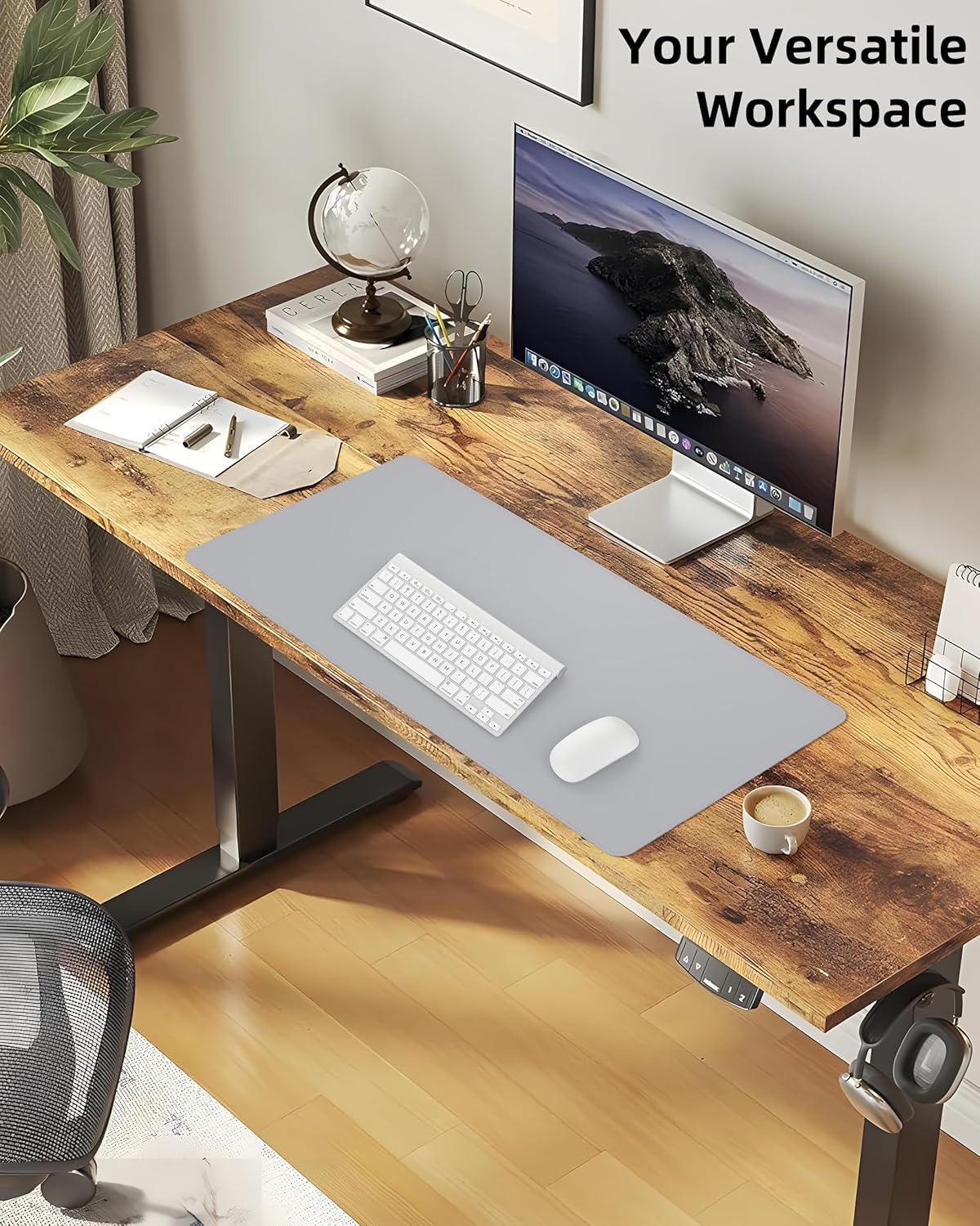 Large Desk Pad Mat - Waterproof Mouse Pad & Desk Protector, Non-Slip XL PU Leather Gaming Mat for Keyboard/Mouse, Stitched Edge with Ergonomic Support, 47"x17" (Light Grey)