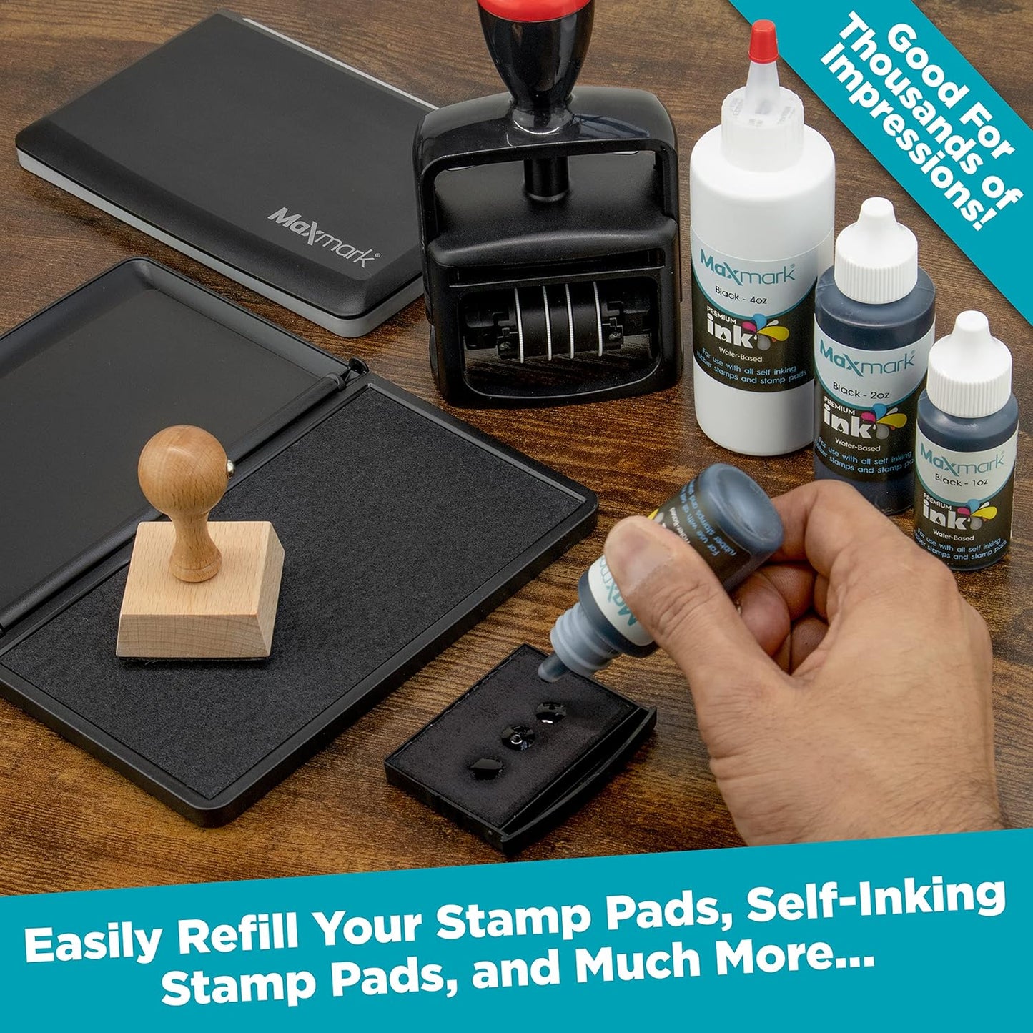 MaxMark Premium Refill Ink for self Inking Stamps and Stamp Pads, Light Blue Color - 1 oz.