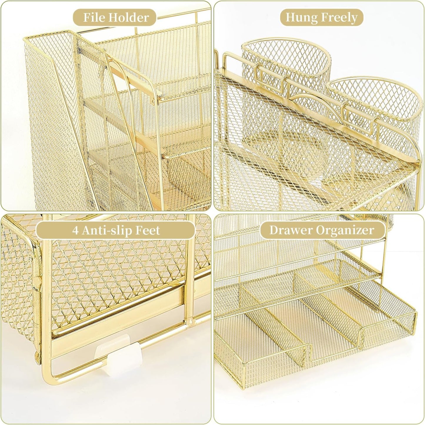gianotter Desk Organizers and Accessories with File Holder, 4-Tier Desk Accessories & Workspace Organizers with Drawer and 2 Pen Holder, Paper Organizer for Office Supplies(Gold)
