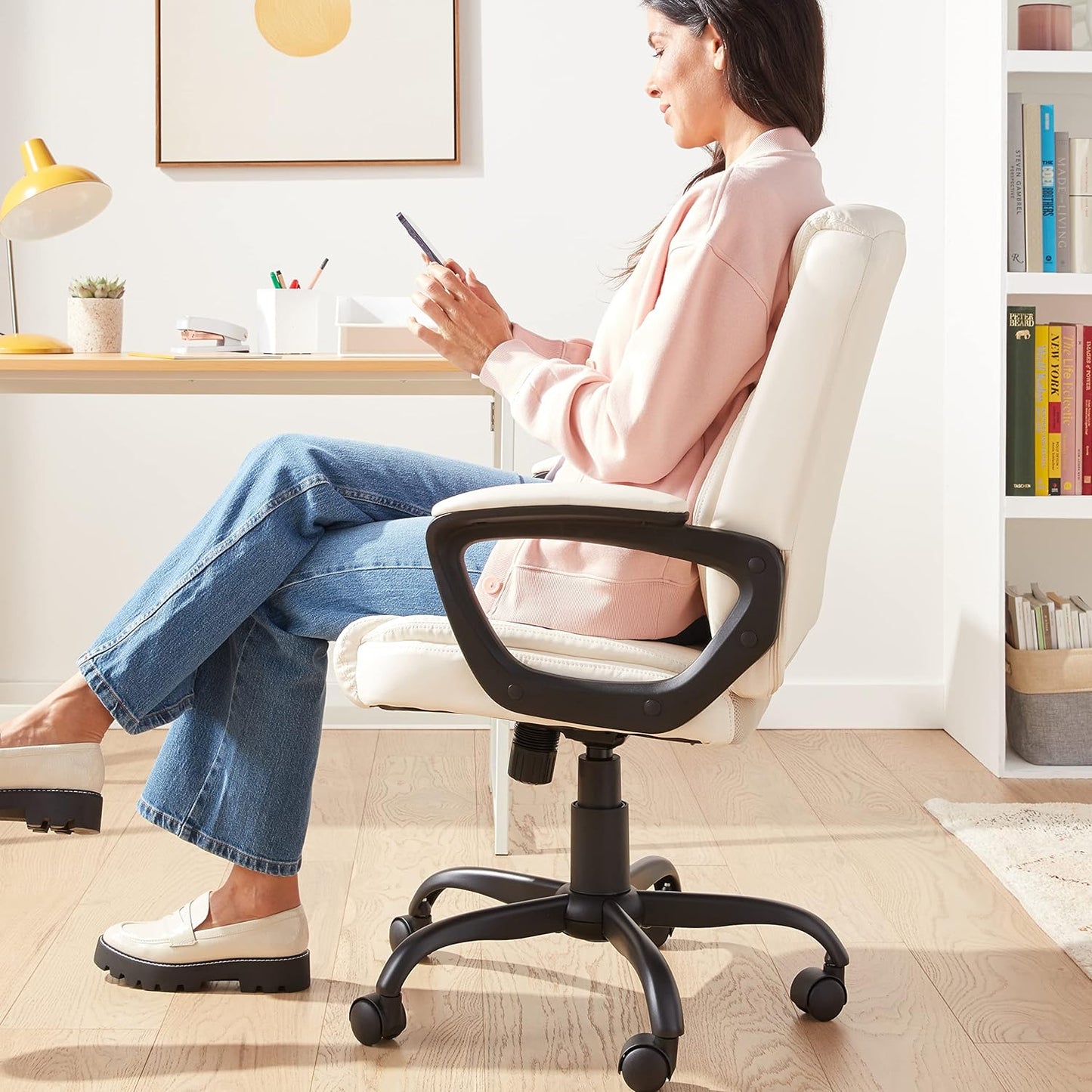 Amazon Basics Classic Puresoft PU Padded Mid-Back Height Adjustable Office Computer Desk Chair with Armrest, 26"D x 23.75"W x 42"H, Cream