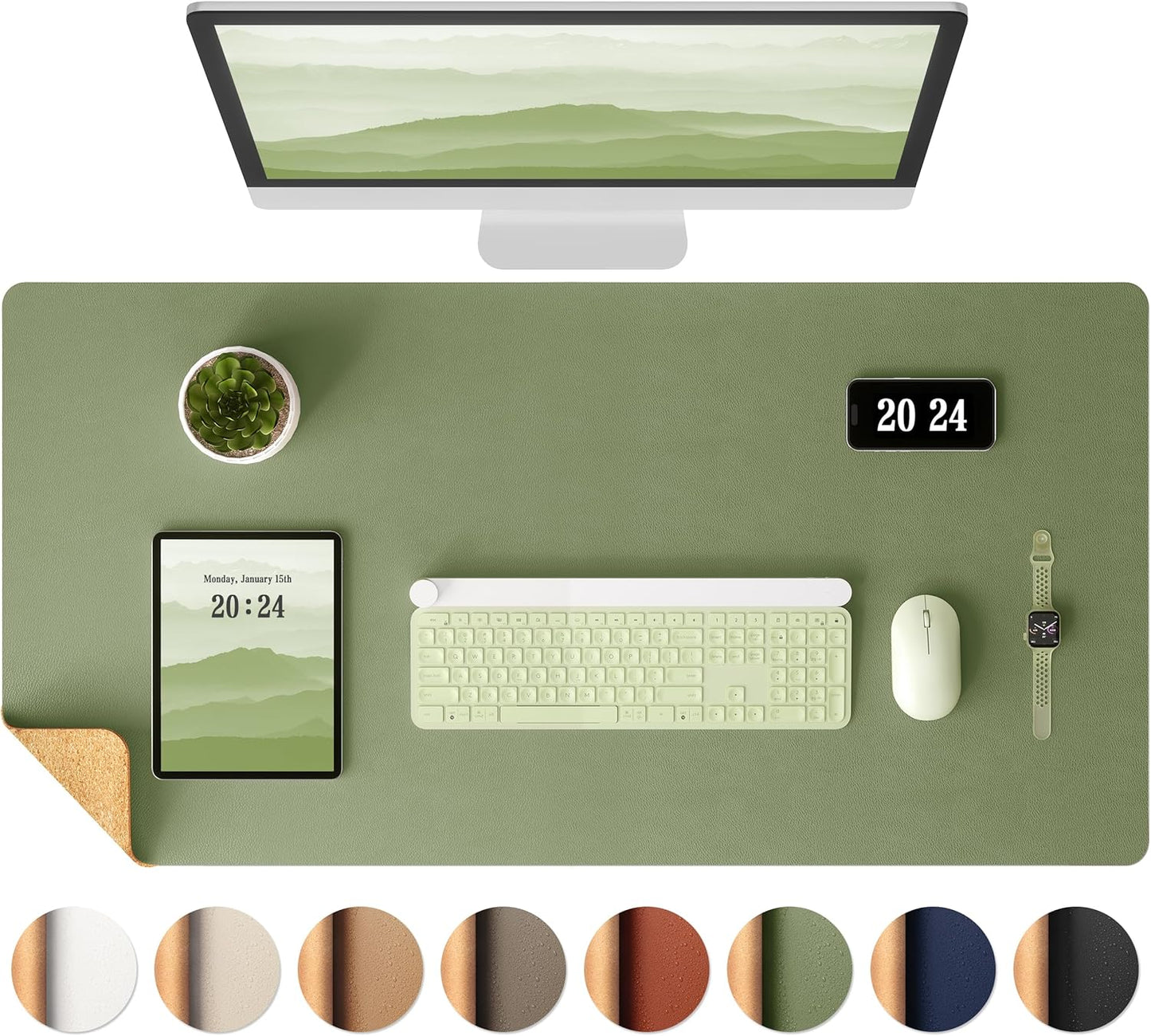 Aothia Dual-Sided Desk Pad - Leather Desk Mat, Natural Cork Desk Pad Protector, Large Mouse Pad for Desk, Waterproof Desk Blotter Pad, Desk Writing Pad for Office Work/Home, Olive Green (37.8"x17")