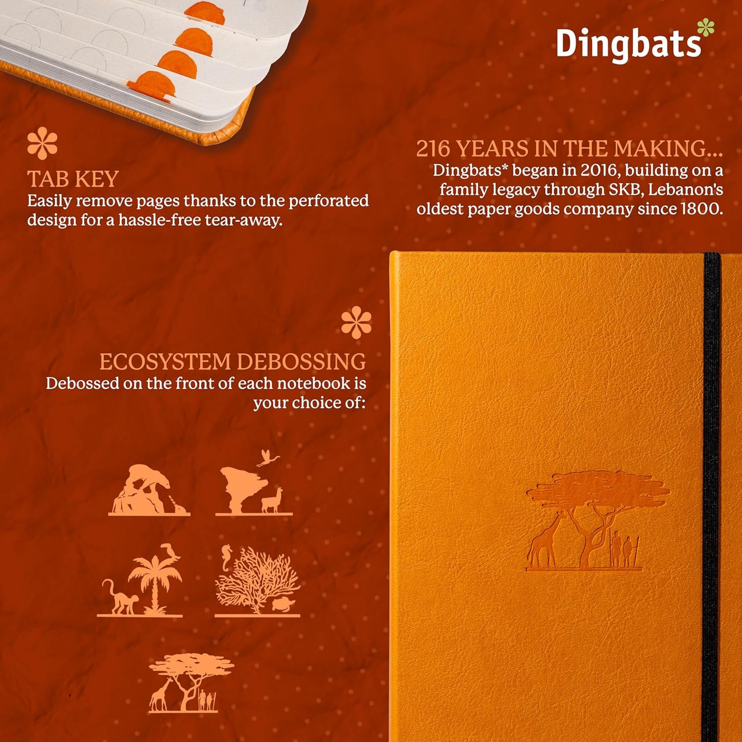 Dingbats* Earth Dotted Writing Journal Notebook A5 - Vegan Leather Hardcover - Ideal for Work, Travel - Pocket, Elastic Closure & Bookmark