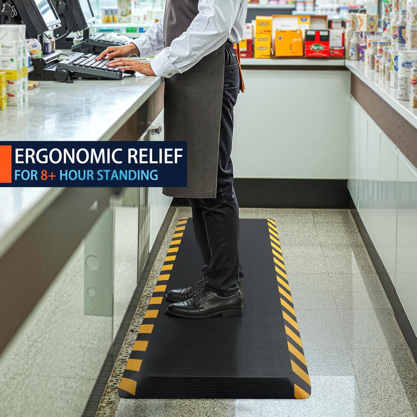 FEATOL Anti Fatigue Mat Industrial, Ergonomic Standing Floor Mat for Work for Stand, Black with Yellow Border Safety 24" x 36"-Support for Leg & Back Pain