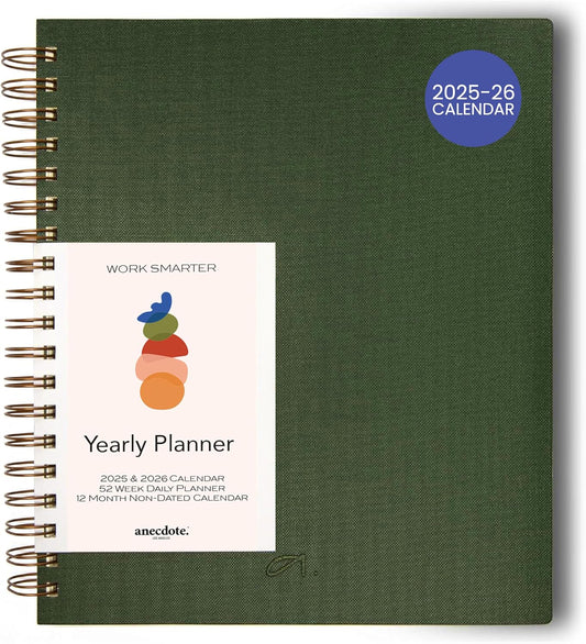 Anecdote 2025 Planner (8.5" x 10") Daily Planner Weekly Monthly Planner - 52 Weeks w/Library Buckram Cover, Brass Spiral - A4 Size Bleed-Resistant Paper – Evergreen