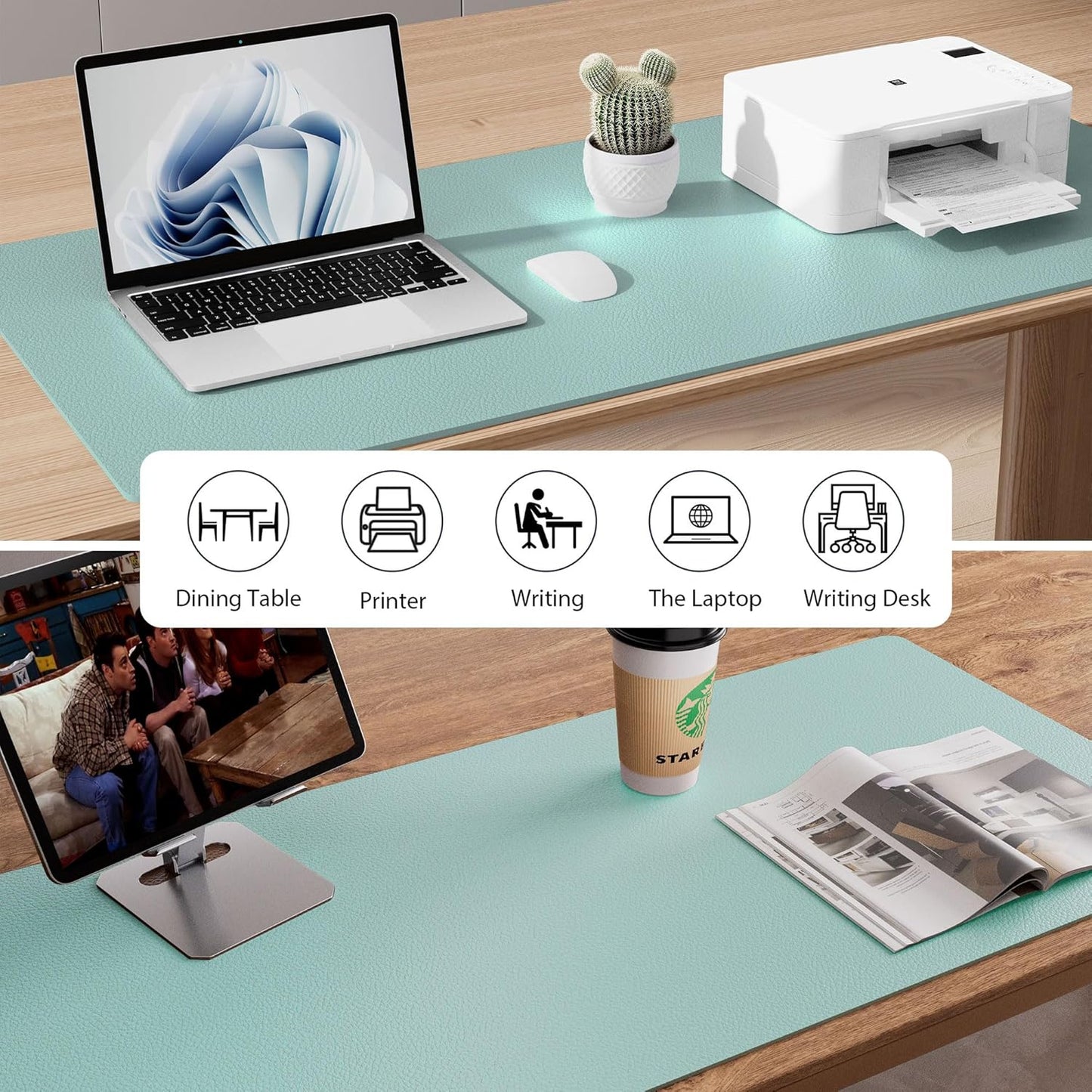 Aothia Leather Desk Pad Protector, Mouse Pad,Office Desk Mat, Non-Slip PU Leather Desk Blotter, Laptop Desk Pad, Waterproof Desk Writing Pad for Office and Home (36" x 17", Light Blue)
