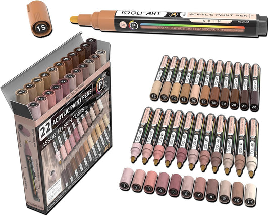 TOOLI-ART 22 Acrylic Paint Markers Paint Pens Pro Color Series Set 3mm Medium Tip for Rock Painting, Glass, Mugs, Wood, Metal, Glass Paint, Canvas, DIY. Non Toxic, Waterbased, Quick Drying (SKIN)