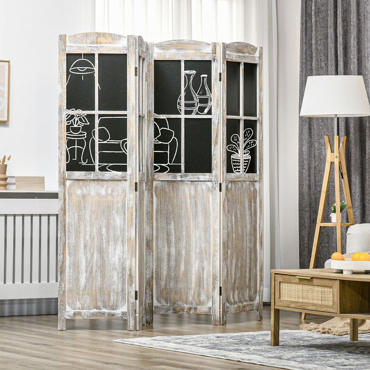 NicBex Room Divider 4 Panel Room Dividers with Black Boards Partition Room Dividers and Folding Privacy Screens 5.6 FT Wall Divider for Home, Office, Room Separation,70.75"W x 0.75"D x 69.75"H,Natural