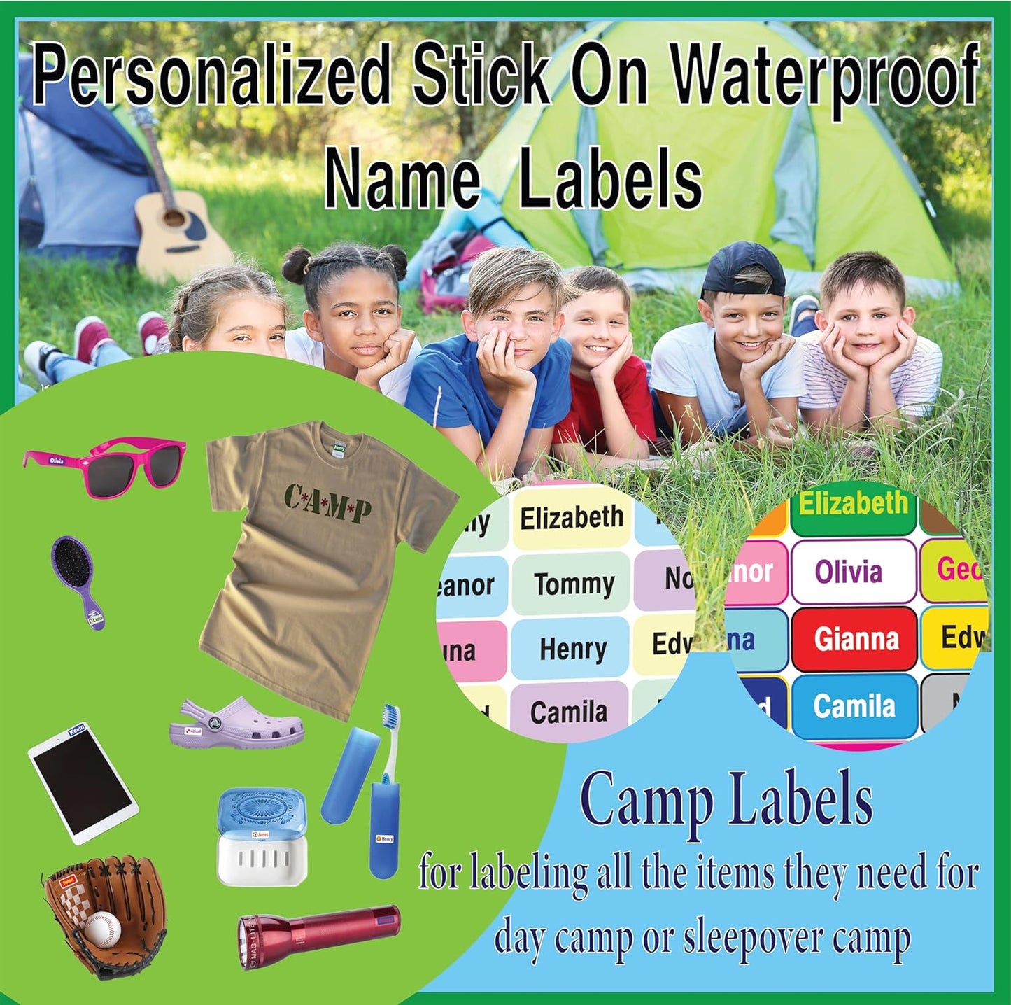 Personalized Waterproof Name Labels Press and Stick Custom Name Stick on Clothing Labels. Customized Up to 3 Lines Great for Camp & Daycare (Sports)