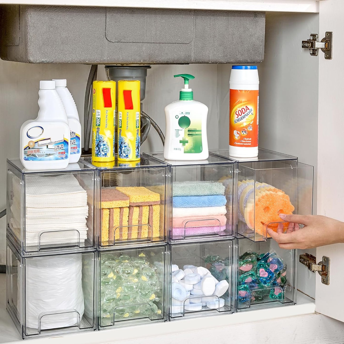 Vtopmart 8 Pack Stackable Under Sink Organizer Drawers, Clear Acrylic Storage Bins for Kitchen and Bathroom Cabinets, Baby Bottles, Cleaning Supplies, 6.6'' Tall Space-Saving Drawer System