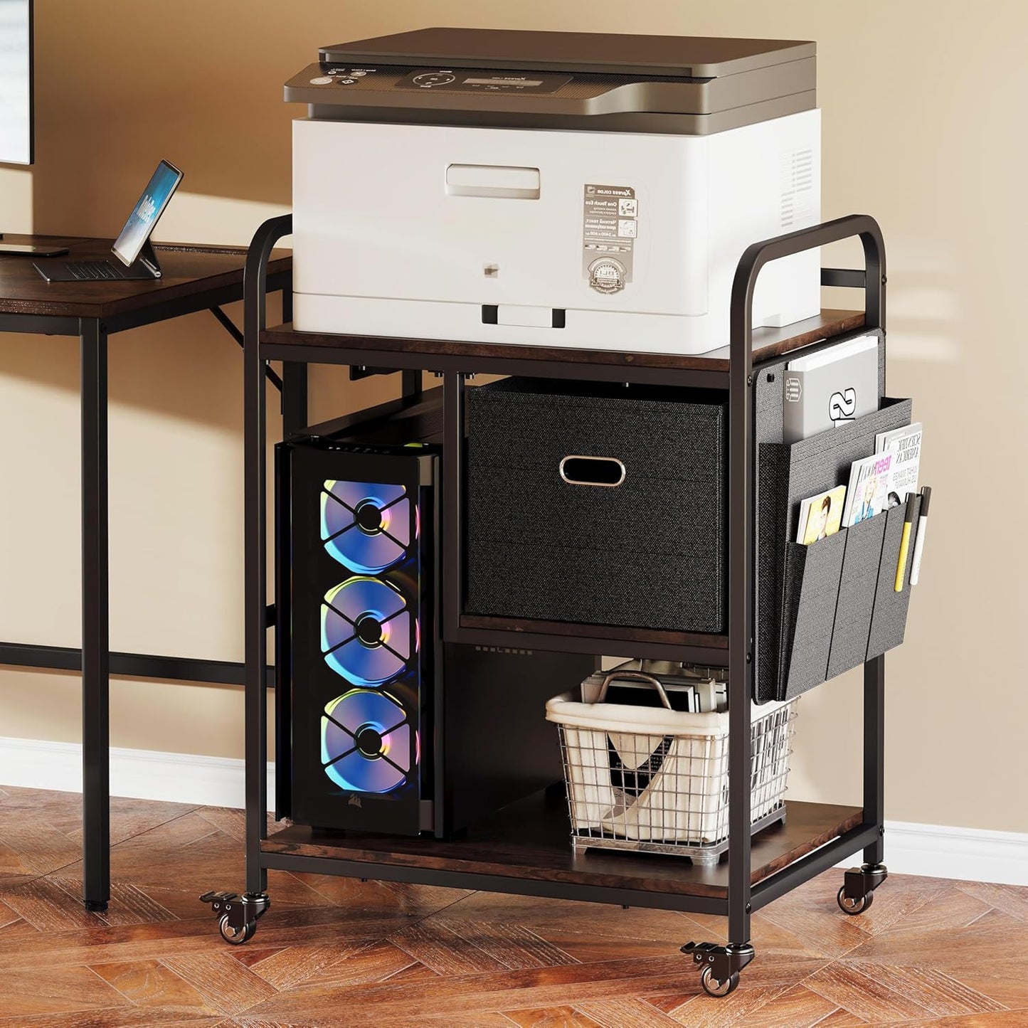 3 Tier Heavy Duty Printer Stand with Storage, Computer Tower Stand with Industrial Wheels & Drawer, Large Mobile Printer Table for Home Office Organization (Rustic Brown)