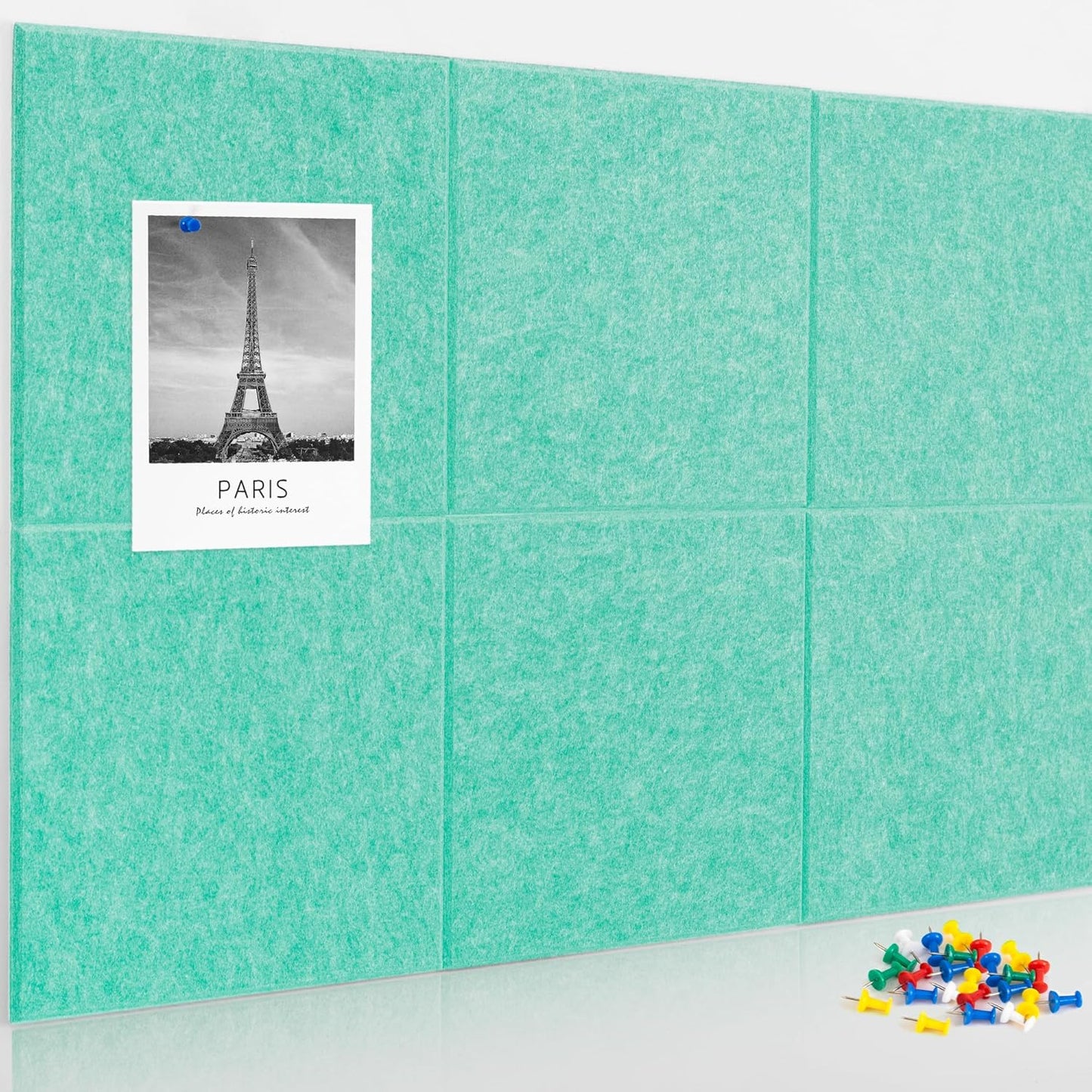AKTOP Cork Board Bulletin Board 24"x36", 6 Pack Removable Felt Cork Board Tiles for Wall, Large Corkboard Notice Pin Board for Office, School & Home,24 Safe Adhesive Tabs, 20 Push Pins, Lake Blue