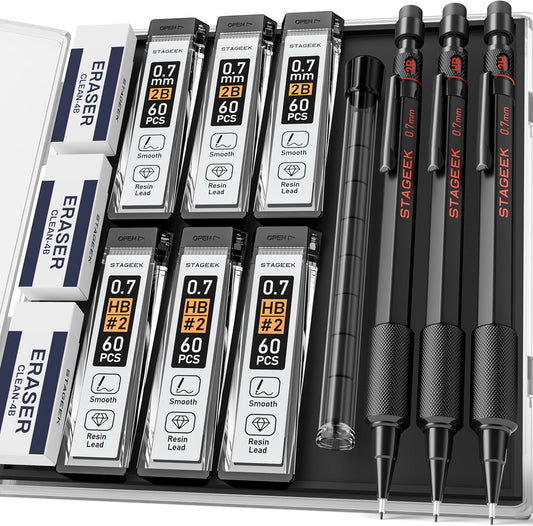 0.7mm Mechanical Pencil Set, 3PCS Metal Mechanical Pencils 0.7mm with 6 Tubes HB & 2B Lead Refills,Erasers, Weatherproof Artist Pencils with Case for Outdoor Writing Drafting Drawing