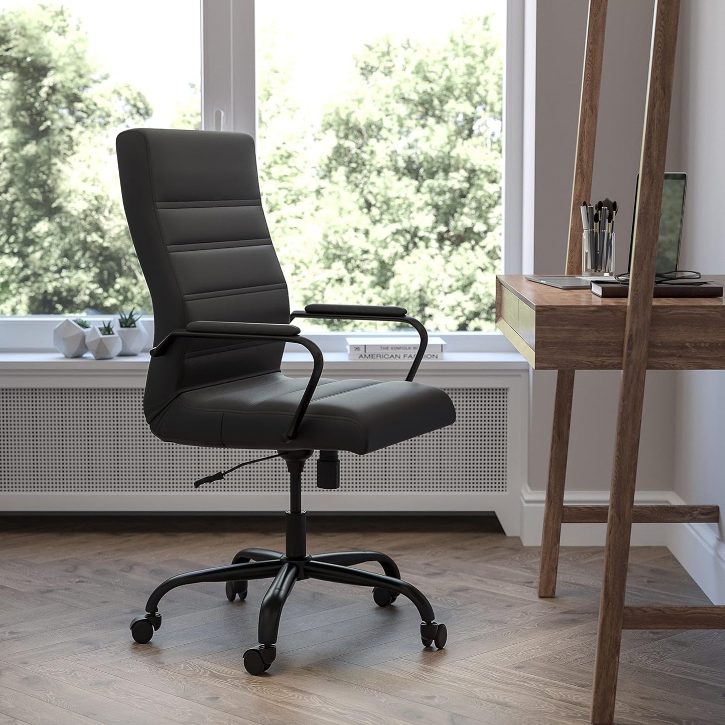 Flash Furniture Whitney High-Back Swivel LeatherSoft Desk Chair with Padded Seat and Armrests, Adjustable Height Padded Office Chair, Black