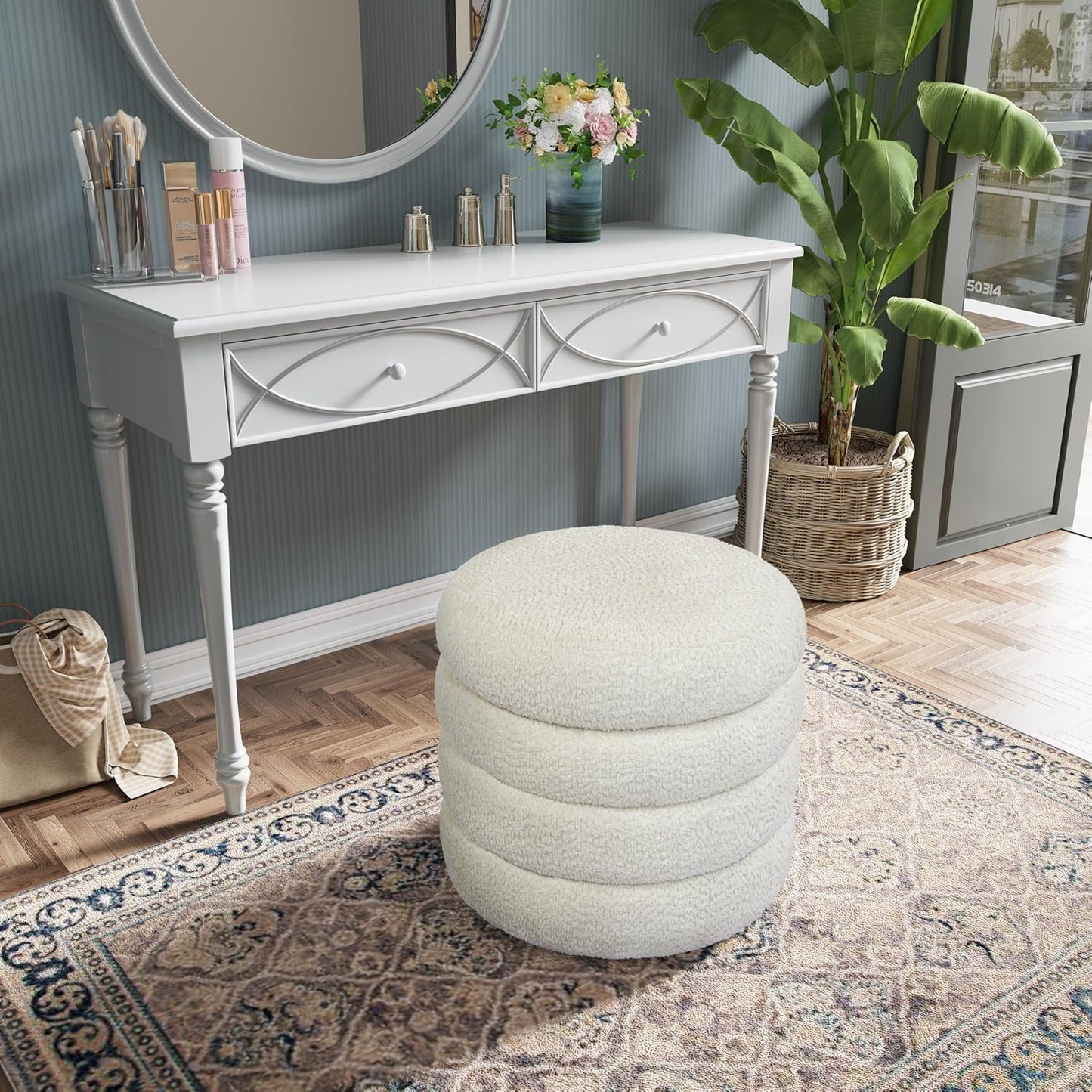 Storage Ottoman, Round Ottoman with Storage, Vanity Stool Foot Rest with Removable Lid, Round Boucle Upholstered for Living Room Pouf Footstool